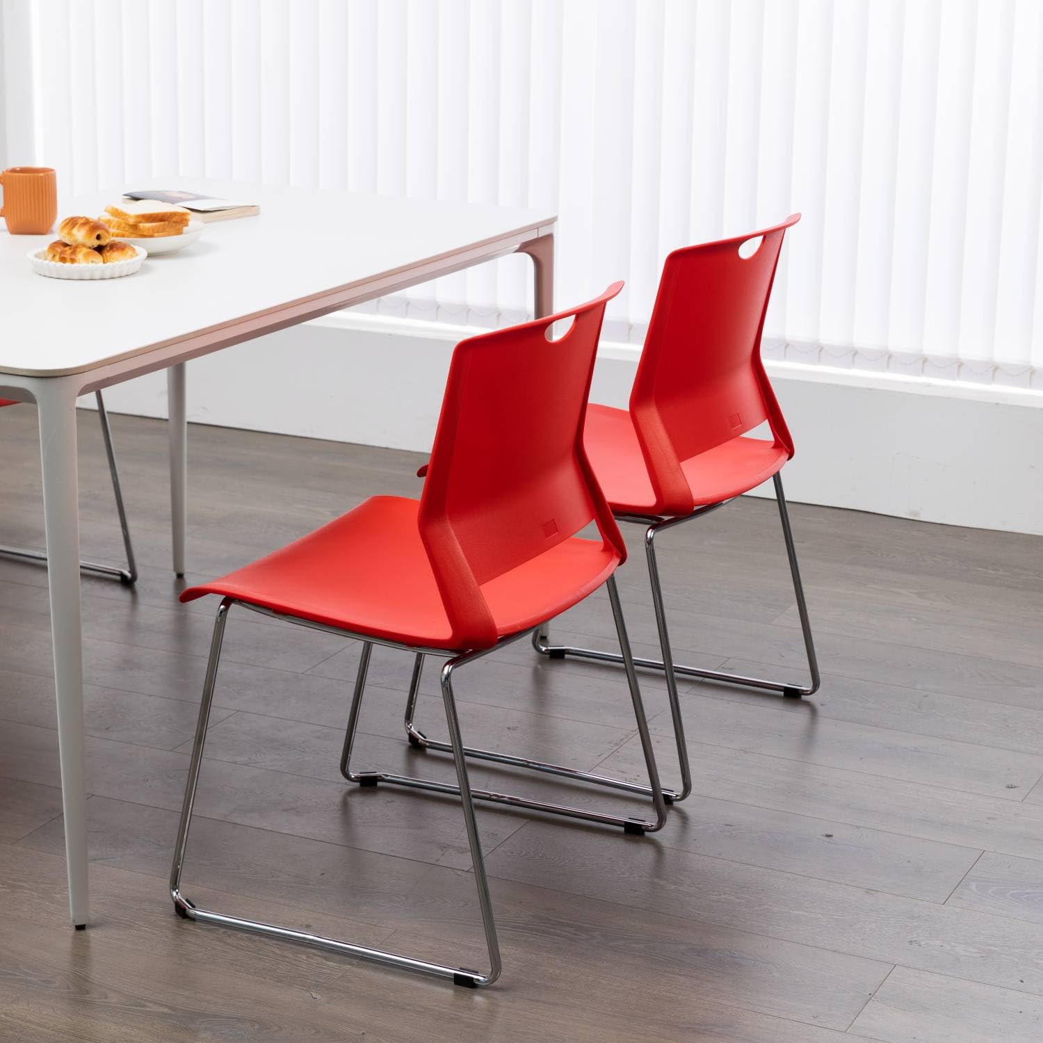 Ergonomic Office Guest Chair with Sled Base - Plastic Stacking Chair Without Wheels - Reception, Conference & Waiting Room Chairs - Red (4 Pack) - Perfect for Office Spaces, Meeting Rooms & Lobby Areas