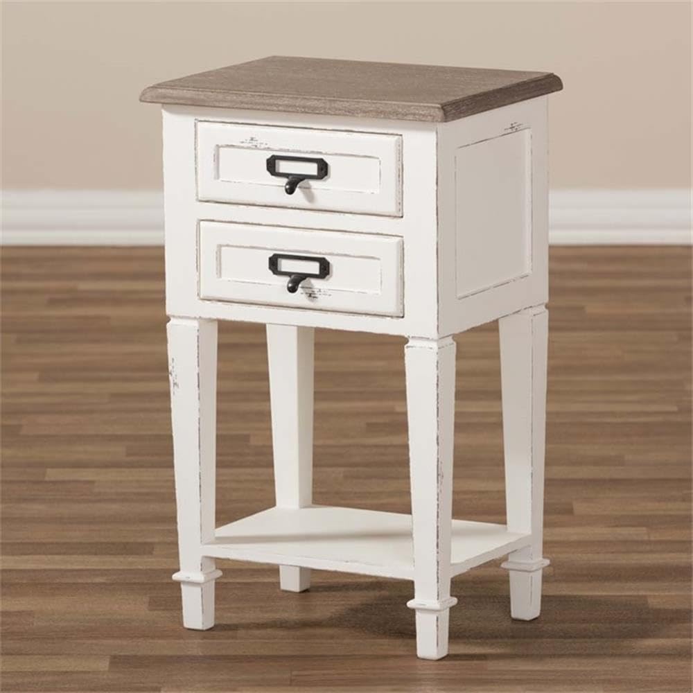 BOWERY HILL Modern 2-Drawer Wood Nightstand in Weathered Oak White - Stylish Bedside Table for Bedroom, Living Room & Guest Room