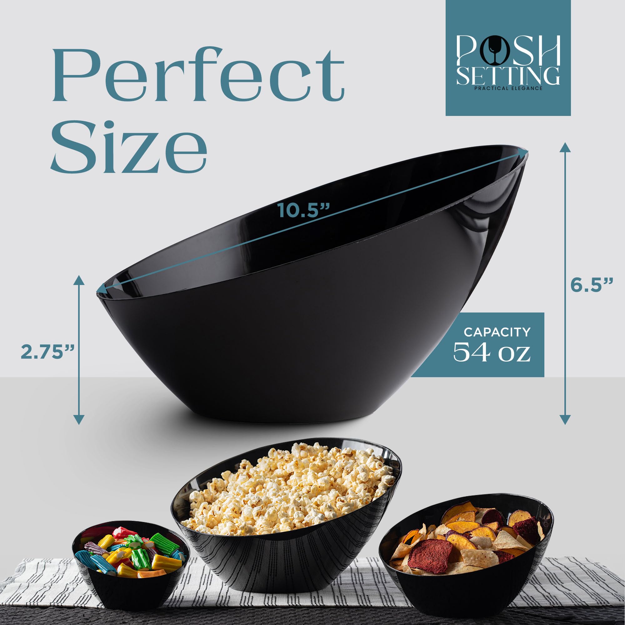 Disposable Black Plastic Serving Bowls 5-Pack (54oz) - Angled Design for Candy, Chips & Snacks - Perfect for Parties, Events & Catering - Elegant Black, Gold, Clear & White Options