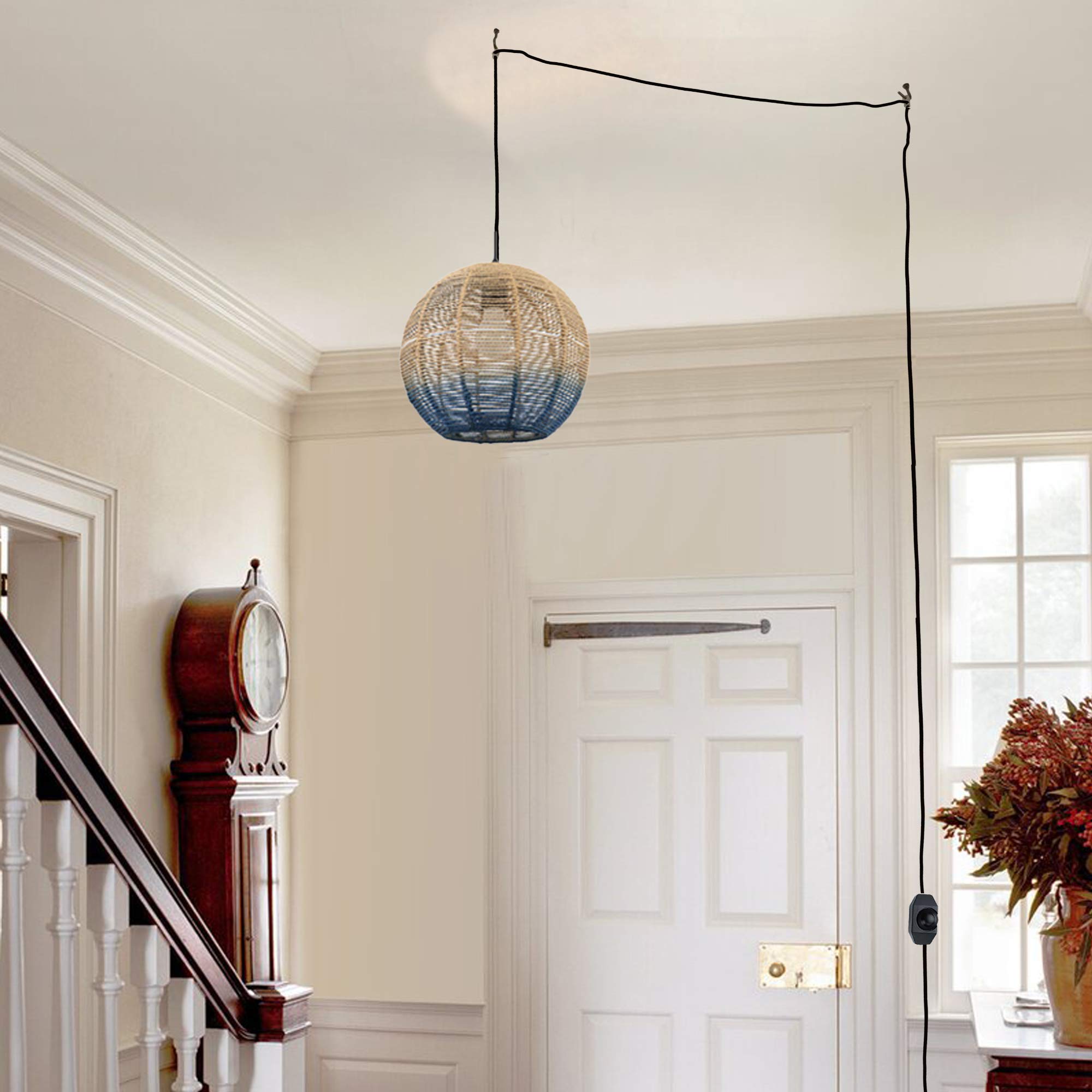 Natural Rattan Hanging Swag Ceiling Lamp - 15ft Plug-in UL Certified Dimmable Pendant Light with Black Cord, No Wiring Needed Portable Chandelier for Modern Farmhouse, Bedroom, Living Room, or Dining Room Decor