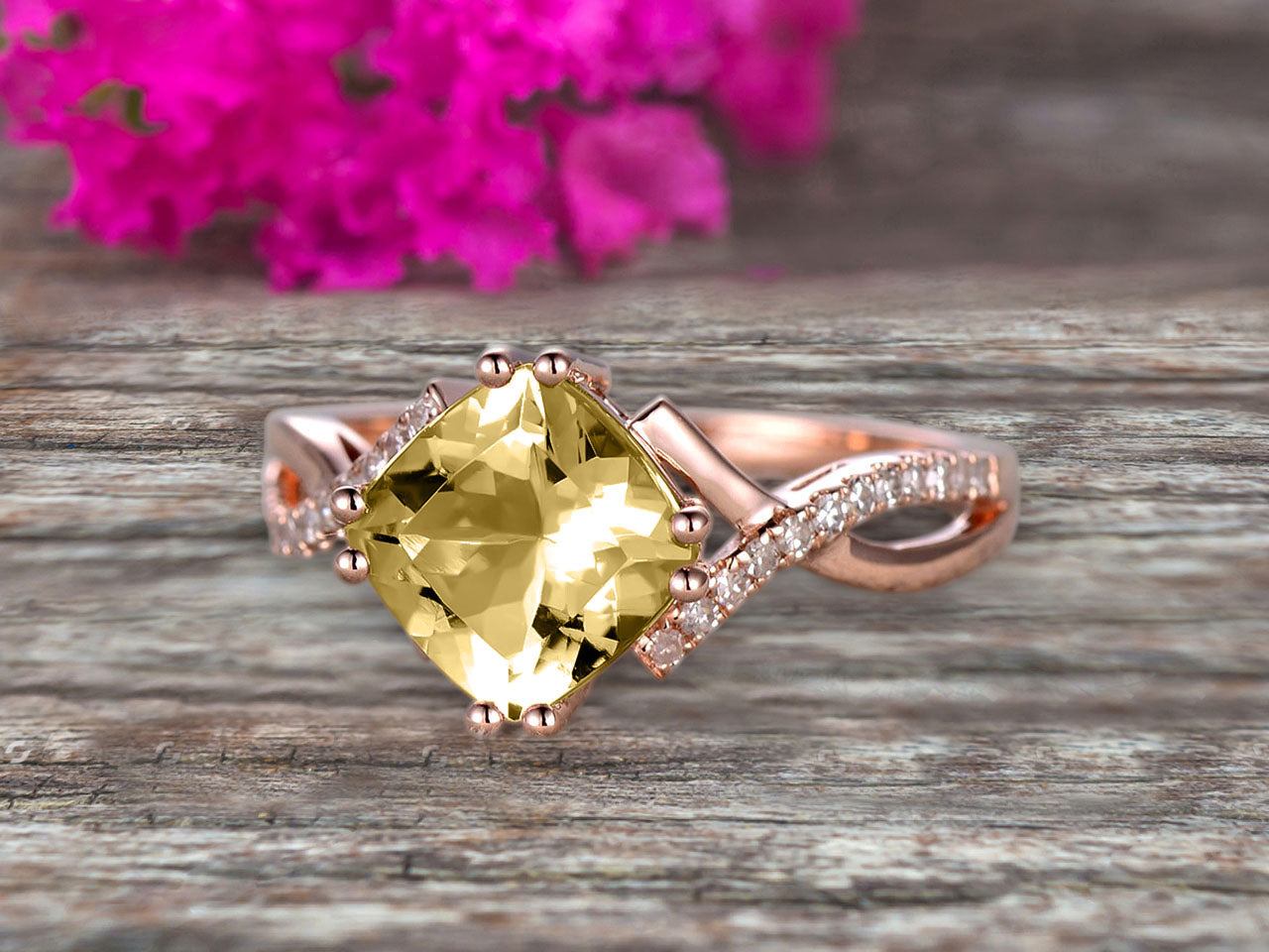 1.25 Carat Cushion Cut Champagne Diamond Moissanite Engagement Ring - Infinity Twisted Curved Promise Ring in 10k Rose Gold - Perfect for Proposals, Anniversaries & Romantic Gifts