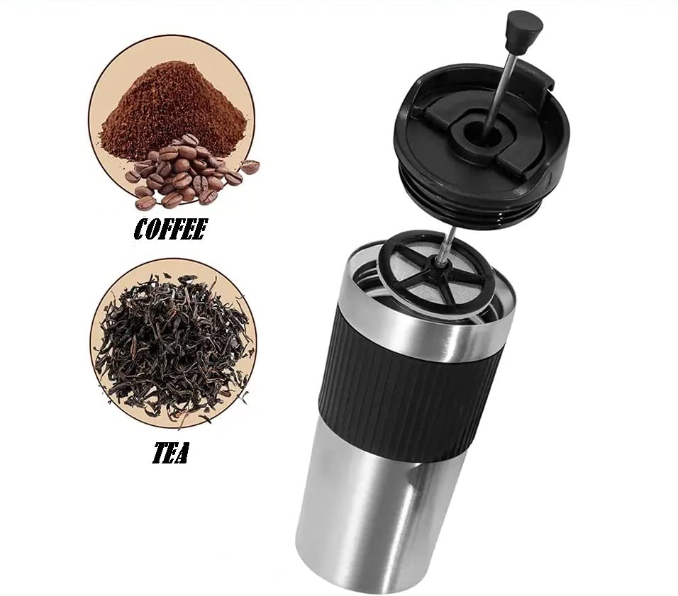 Portable Coffee Maker - 16oz Insulated French Press Travel Mug with Double Wall Stainless Steel - Perfect for Camping, Office & On-the-Go Brewing