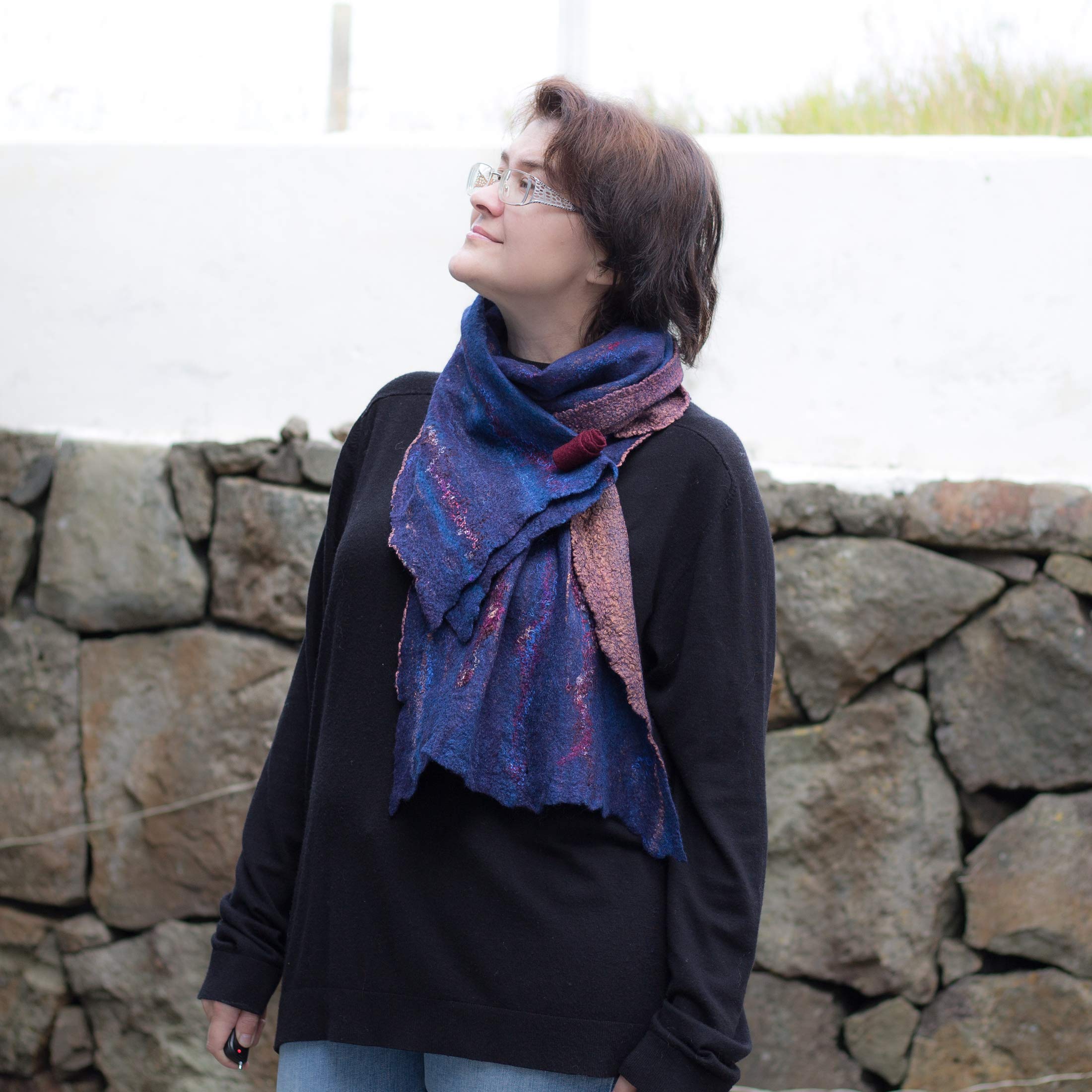 Premium Nuno Felt Scarf - Dark Blue Navy Wool Blend Wrap for Women | Warm Winter Shawl, Fashionable Silk-Like Stole for Evening & Office Wear | Perfect for Fall, Spring & Special Occasions