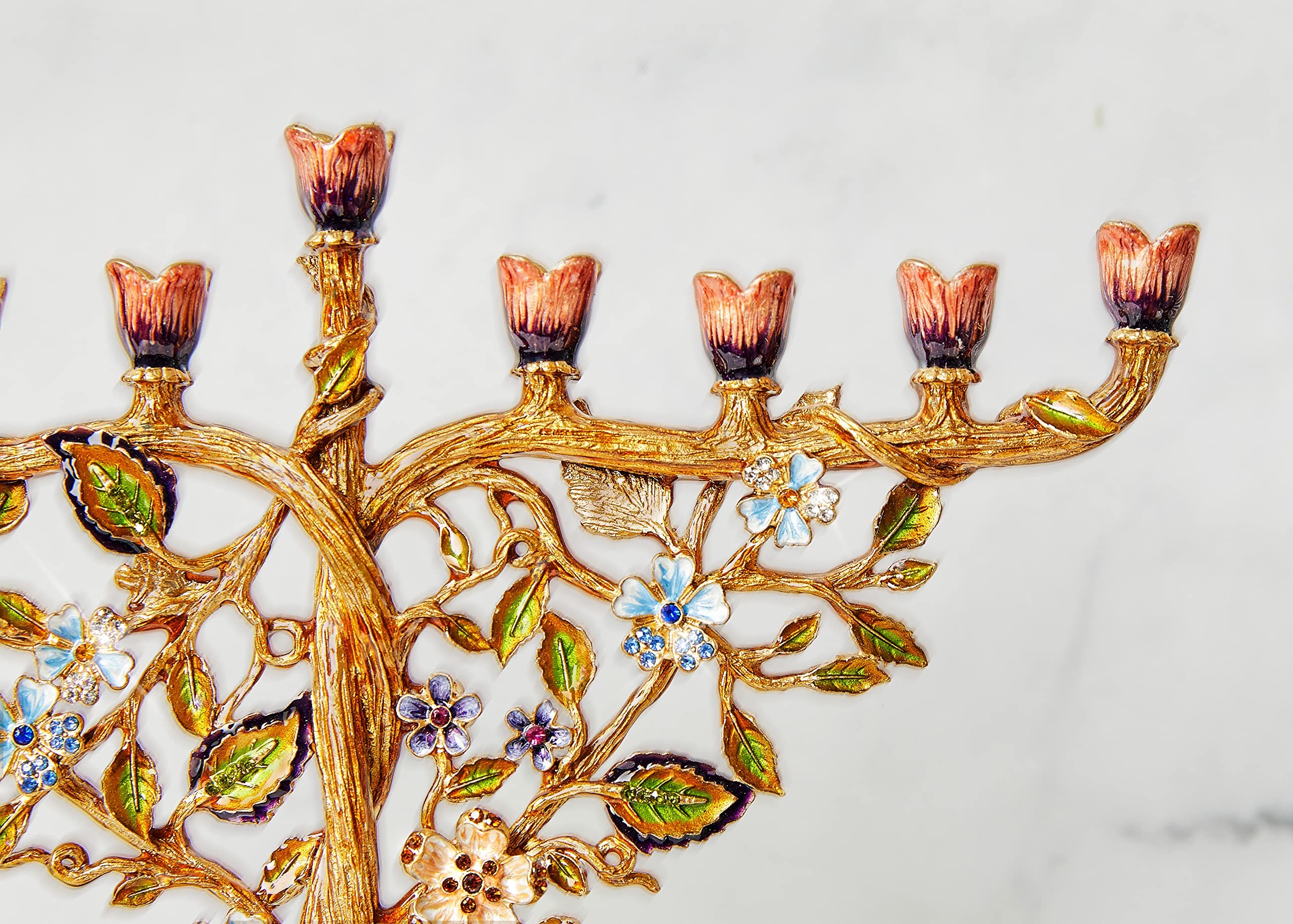 Hand Painted Jewish Menorah Candle Holder - Metal Hanukkah Candelabra with Crystal Embellishments & Floral Vine Design, Fits 9mm (5/16