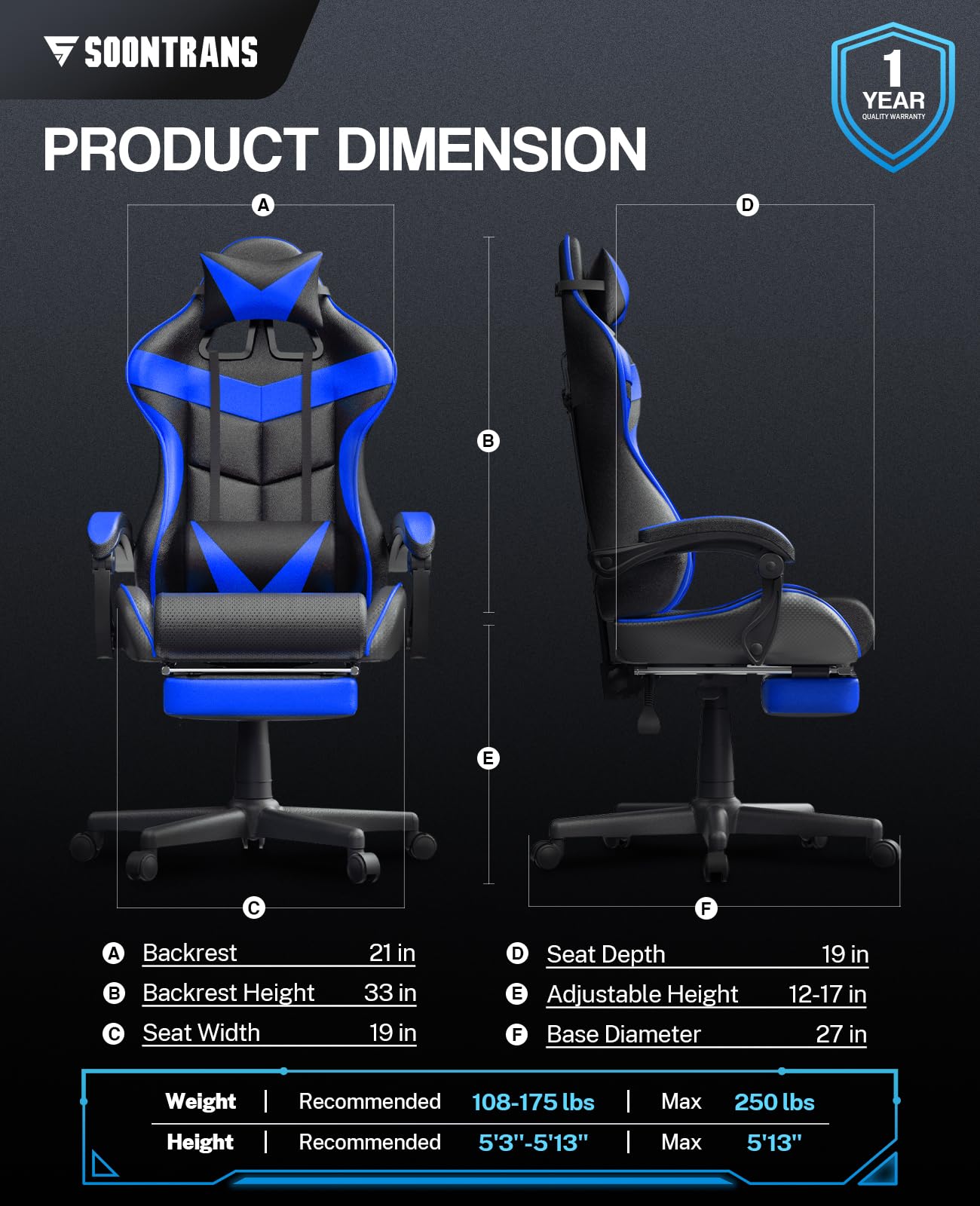 Soontrans Storm Blue Ergonomic Gaming Chair with Adjustable Footrest, Height-Adjustable Headrest & Lumbar Support - Perfect for PC Gaming, Office Work & Home Study - Comfortable Computer Desk Chair for Gamers & Professionals