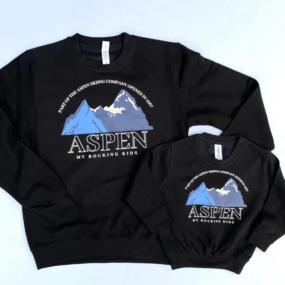 Aspen Ski Print Black Matching Mom & Kids Sweatshirts - Family Winter Outfits for Skiing & Snowboarding