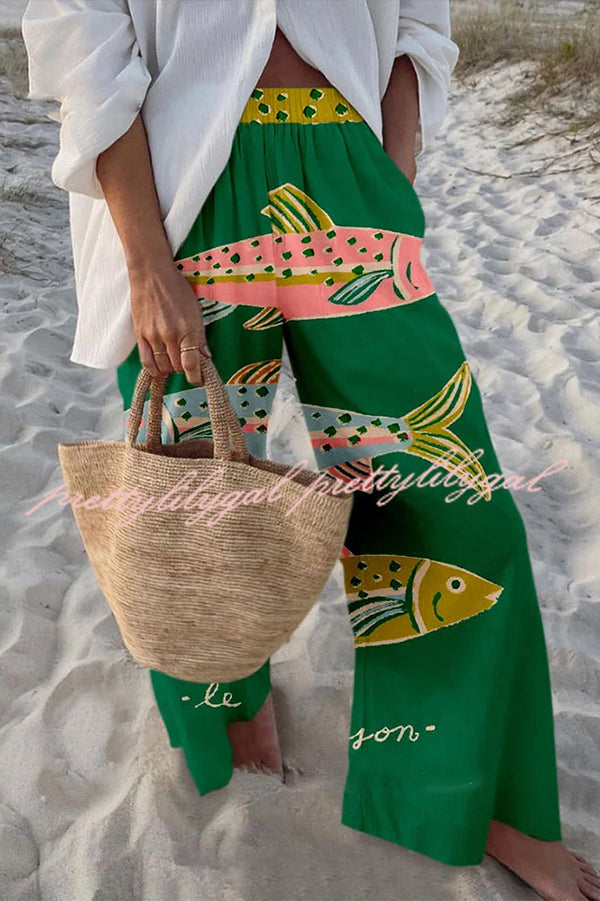Stylish Marine Print Elastic Waist Loose Pocket Pants for Women - Comfortable Beachwear & Casual Summer Outfits