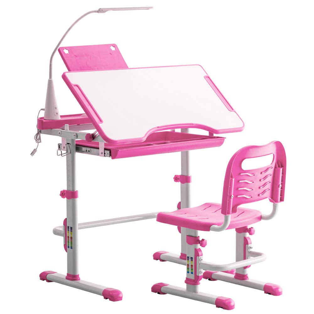 MengK C-Shaped Student Desk and Chair Set with Light White Lacquered Surface & Pink Plastic Frame [70x48x52-74cm] - Perfect for Kids Bedroom, Study Room & Homeschooling