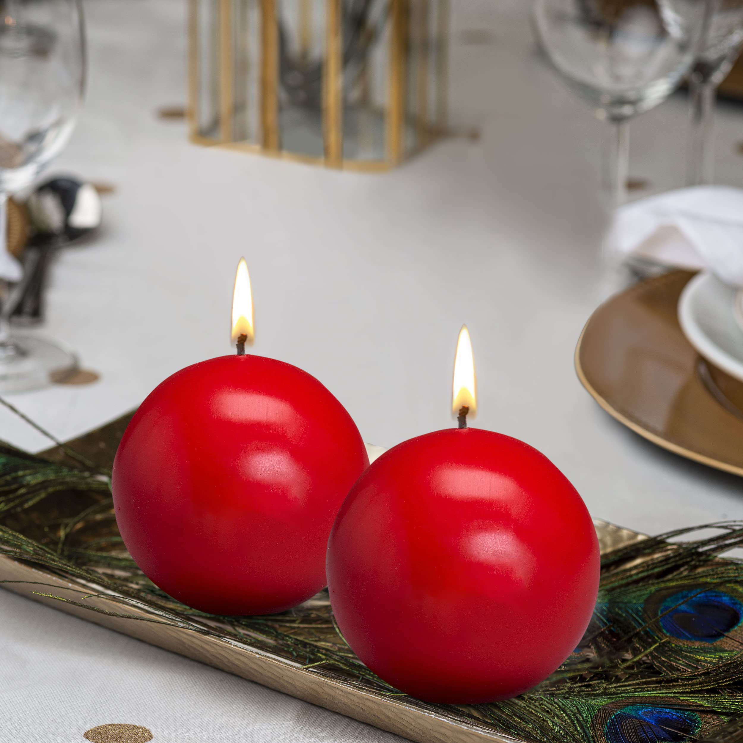 Bolsius Set of 2 Red Ball Candles - 2.75 Inch Unscented Dinner Candles - Dripless Clean Burning Smokeless Candles for Wedding, Party & Special Occasions - Perfect for Romantic Dinners, Table Centerpieces and Holiday Decorations
