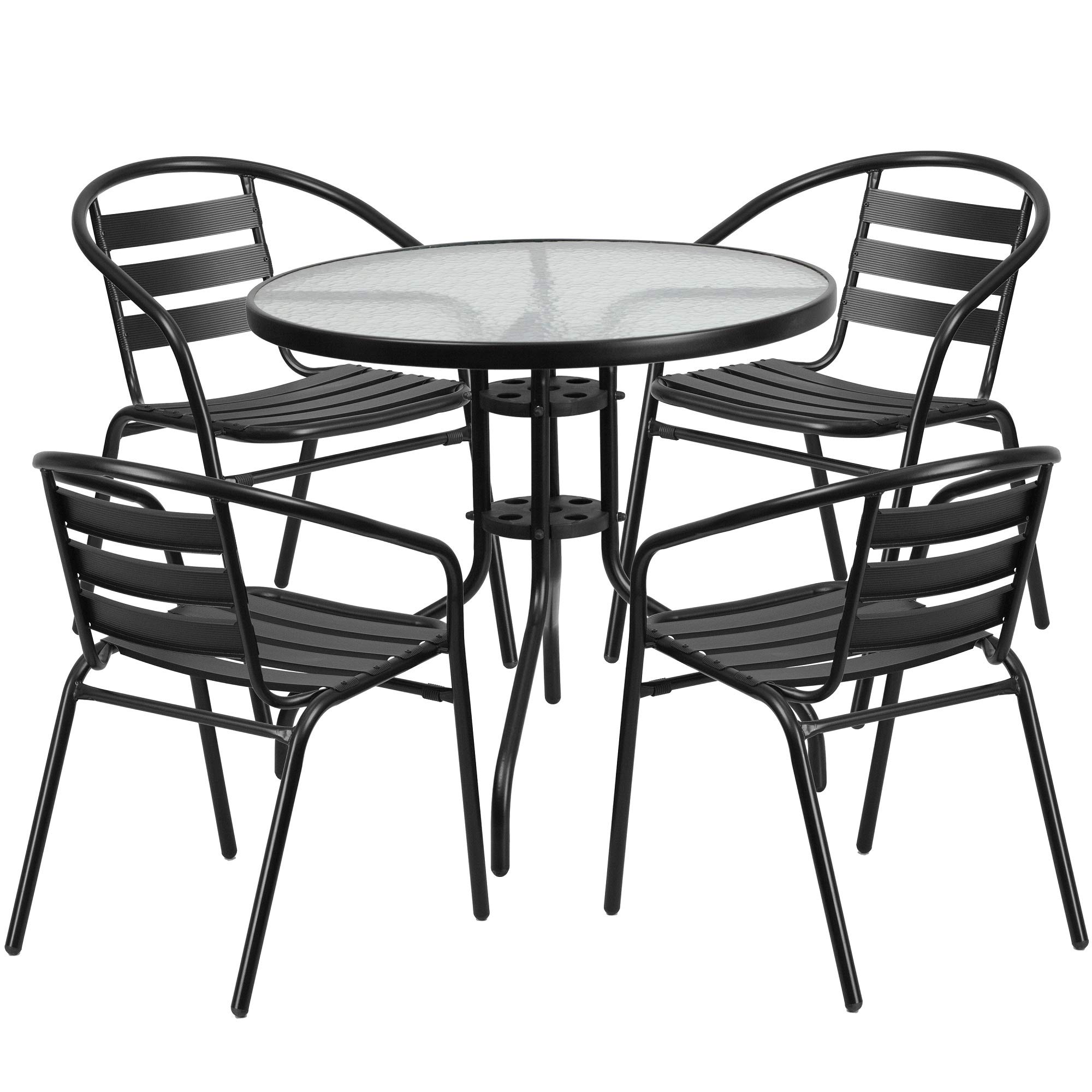 5-Piece Black and Clear Outdoor Patio Furniture Set - Round Tempered Glass Table with Stackable Slat Chairs (31.5 Inch) - Perfect for Backyard, Garden, Poolside & Balcony Dining
