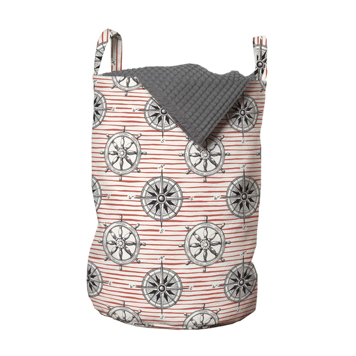 Ambesonne Nautical Laundry Bag - Ocean Theme with Hand Drawn Ship Steering Wheel & Sea Compass Pattern, Pink Stripes - 13