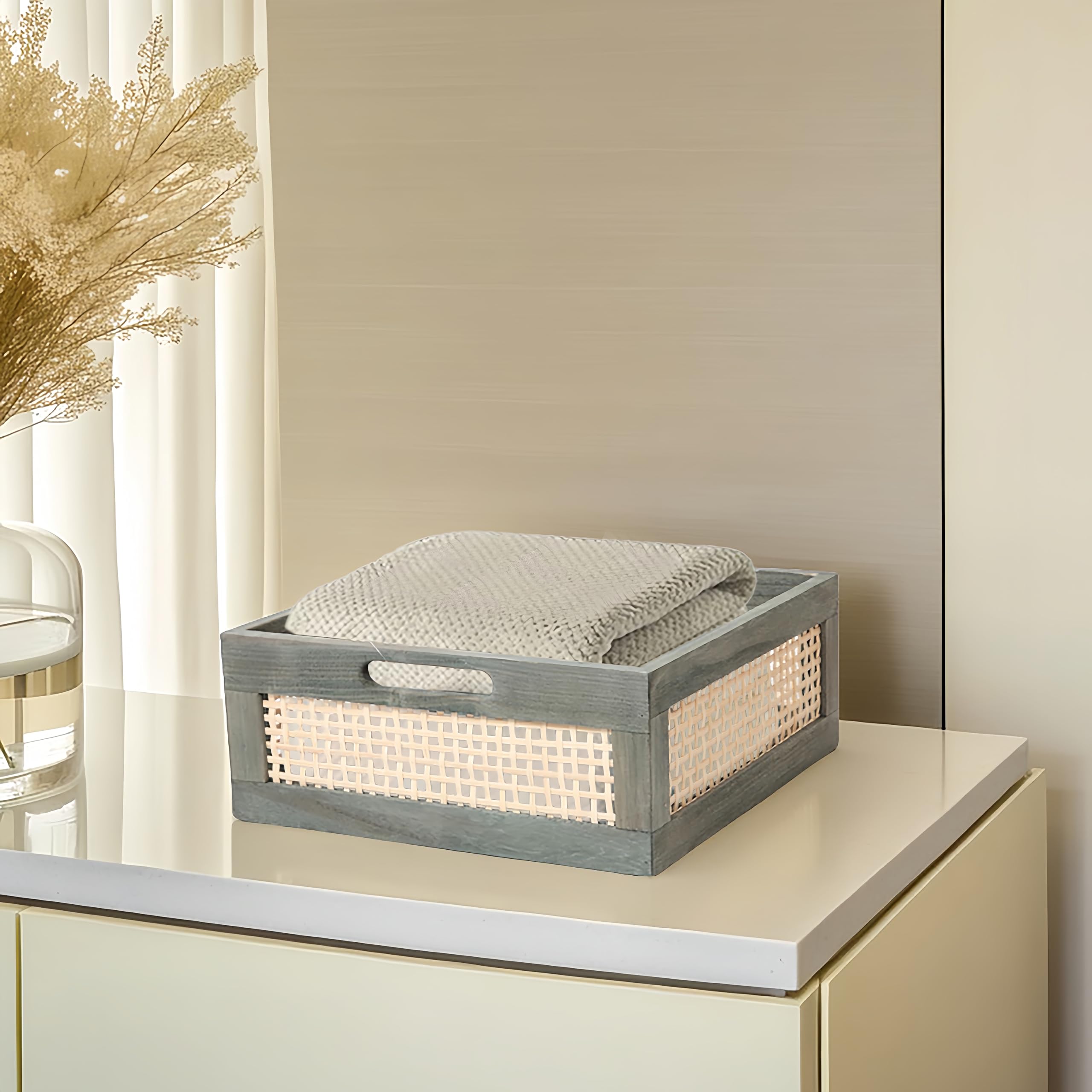Grey Wooden Storage Baskets with Handles - Square Bamboo Organizer Bins for Shelves, Toys & Towels | Decorative Home Storage Solution for Bedroom, Bathroom & Living Room | Empty Gift Basket (Grey)