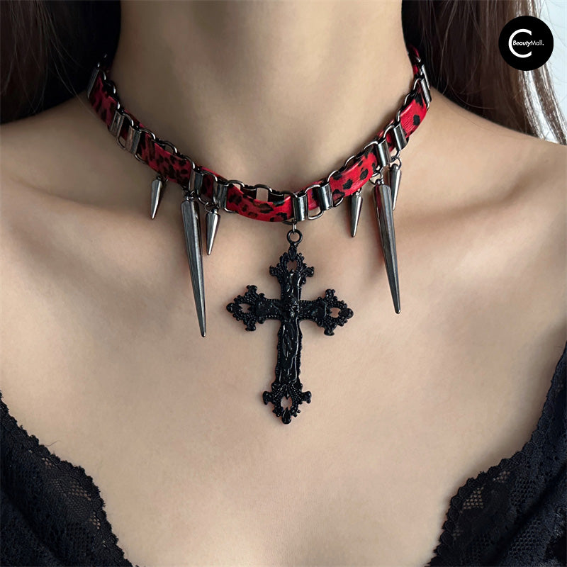 Gothic Studded Cross Choker Necklace for Women - Punk Rock Fashion Jewelry - Perfect for Halloween, Concerts & Gothic Outfits