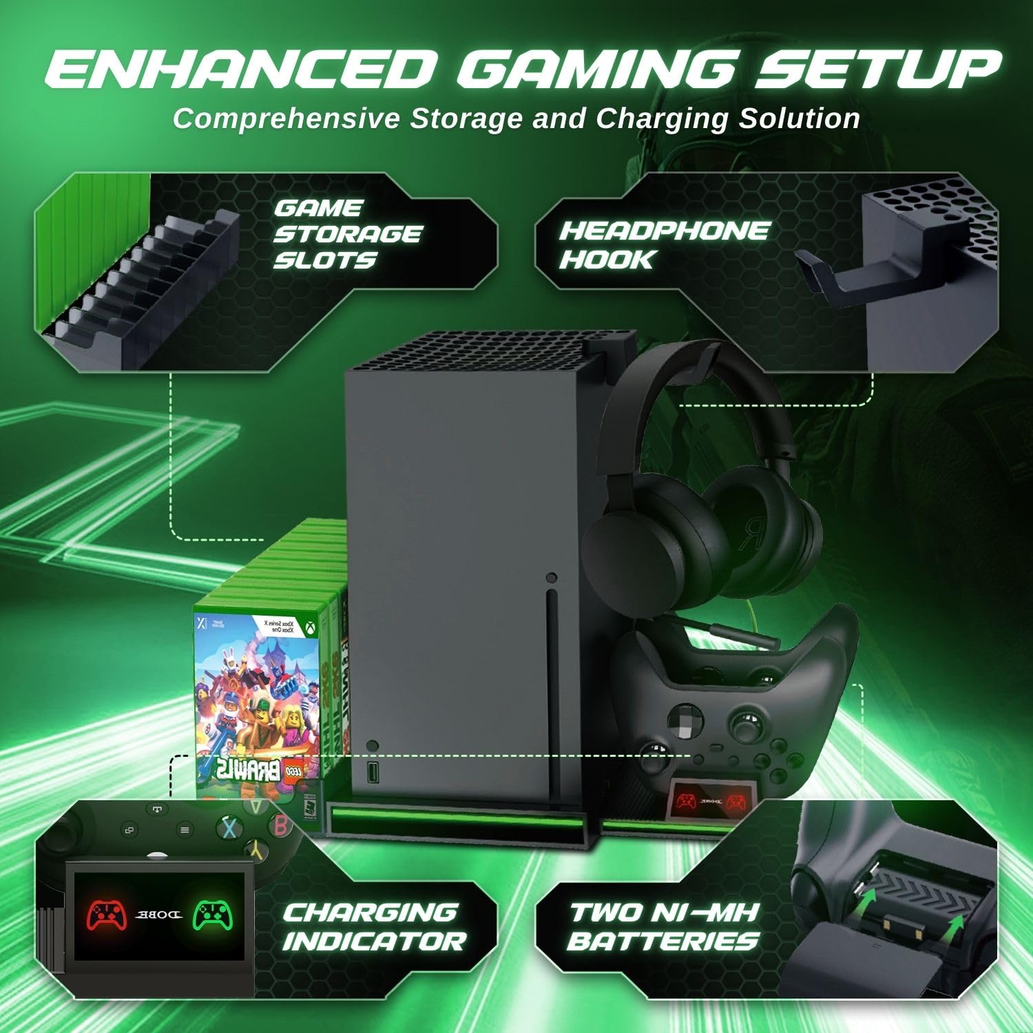 TNP Vertical Stand for Xbox Series X - Charging Station with 2 Rechargeable 300mAh Batteries, 10 Game Slots & Headset Hook - Perfect for Gaming Setup & Organized Storage