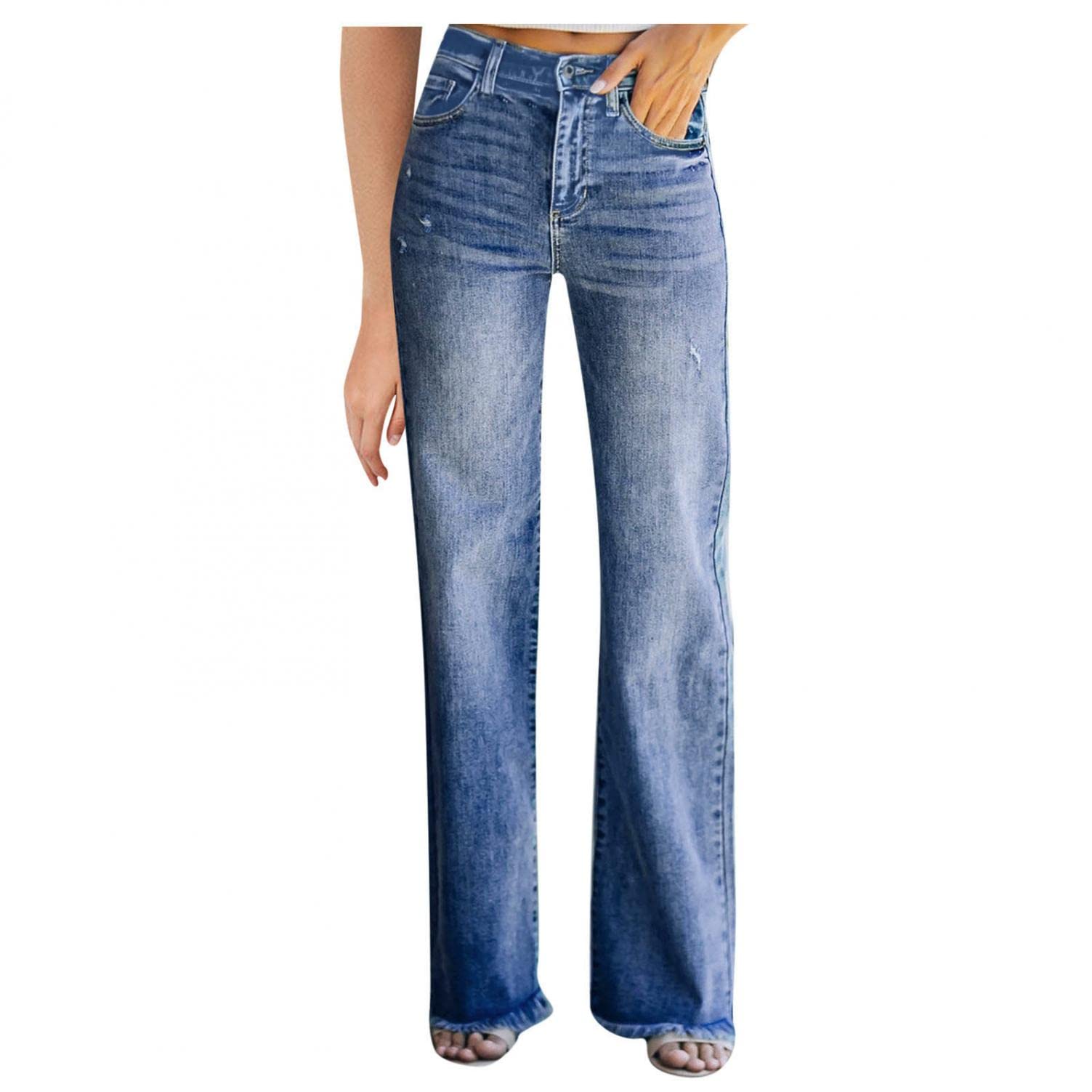 AIouios Women's Bootcut Jeans - Mid Rise, High Waisted Wide Leg Casual Denim Pants with Ripped Details | Perfect for Everyday Wear, Office & Weekend Outfits