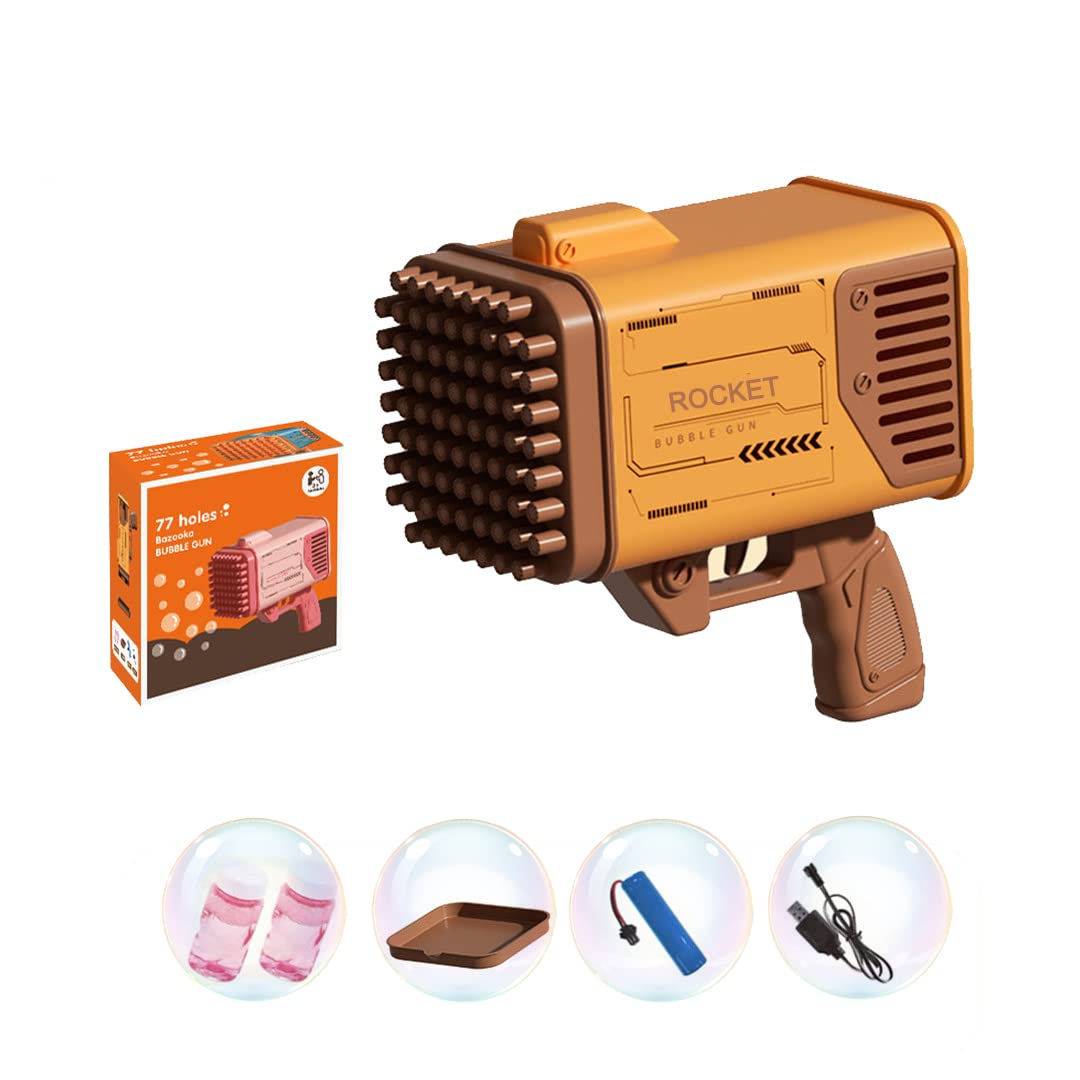 Electric Automatic Bubble Blaster Gun with 77 Holes & LED Lights - TikTok Viral Gatling Bubble Maker Machine for Kids & Adults, Perfect for Summer Outdoor Parties, Birthday Favors, and Backyard Fun (Orange)