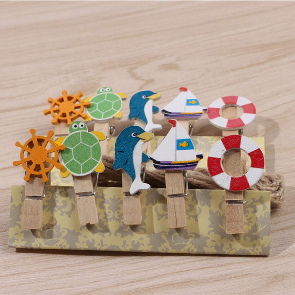 Amosfun Mini Wooden Clothespins - 10pcs Mediterranean Style Photo Clips for Hanging Pictures, Scrapbooking & DIY Crafts - Dolphin-Themed Decorative Clips for Home, Office & Party Decor
