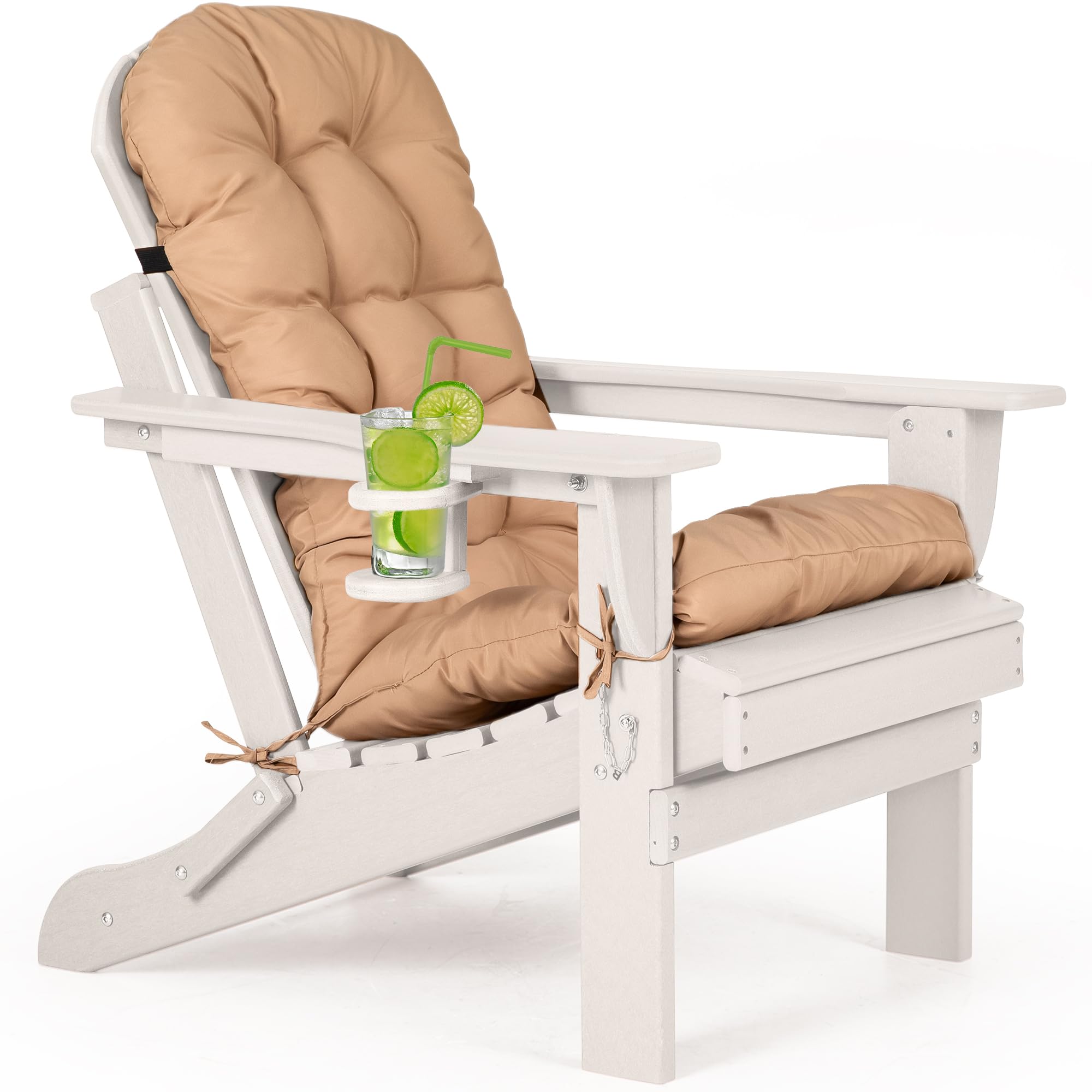 Nalone Folding Adirondack Chair with Cushion & Cup Holder - HDPE Plastic Oversized Weather-Resistant Patio Chair for Outdoor, Fire Pit, Deck, Garden & Camping (White) - Perfect for Backyard Relaxation & Poolside Lounging