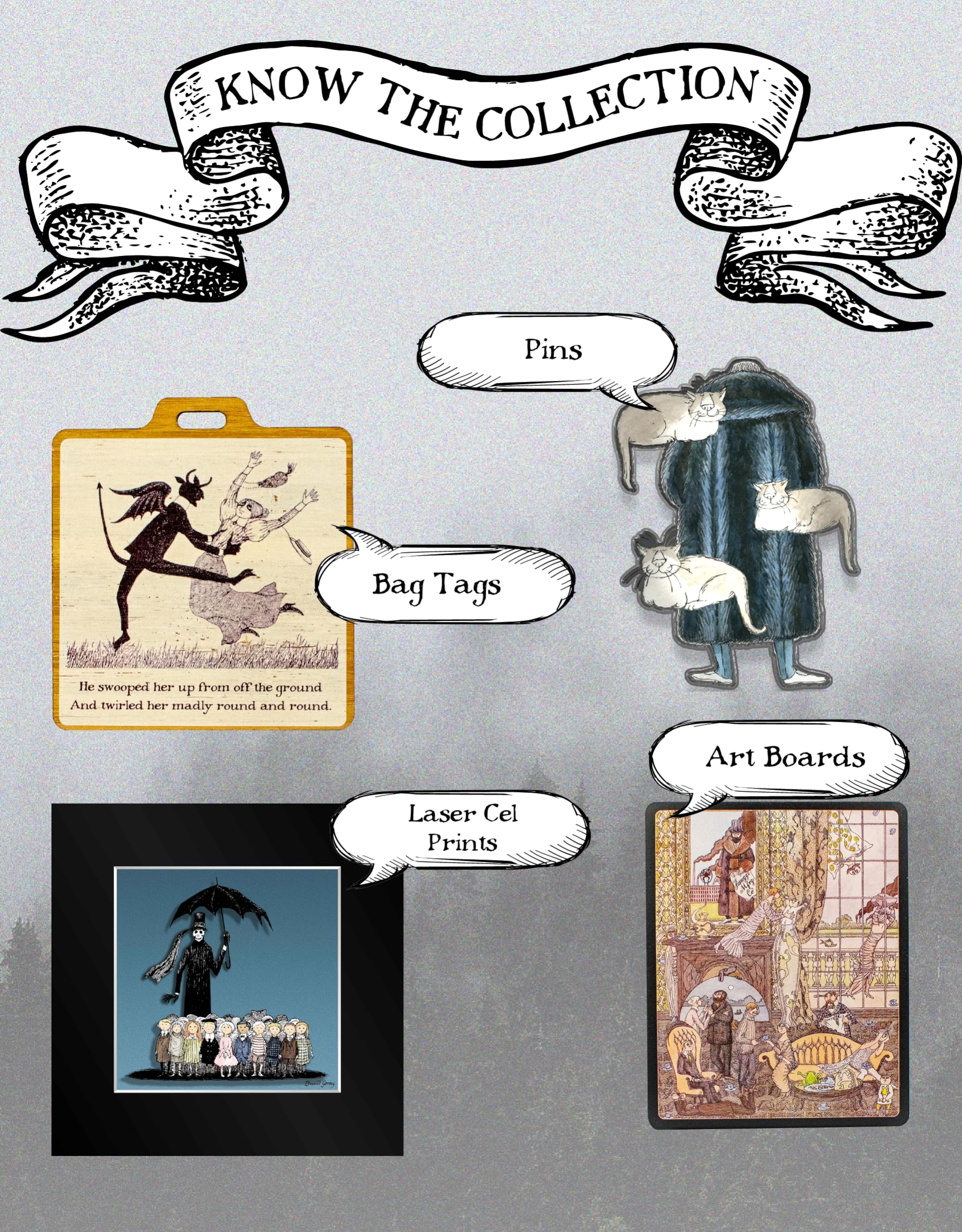 Edward Gorey™ The Gashlycrumb Tinies Laser-Cut Bamboo Coasters Set with Holder - Gothic Home Decor for Coffee Tables, Bars & Dining Rooms - Unique Drink Coasters for Wine, Cocktails & Coffee (Set of 4, G,O,R,E,Y)