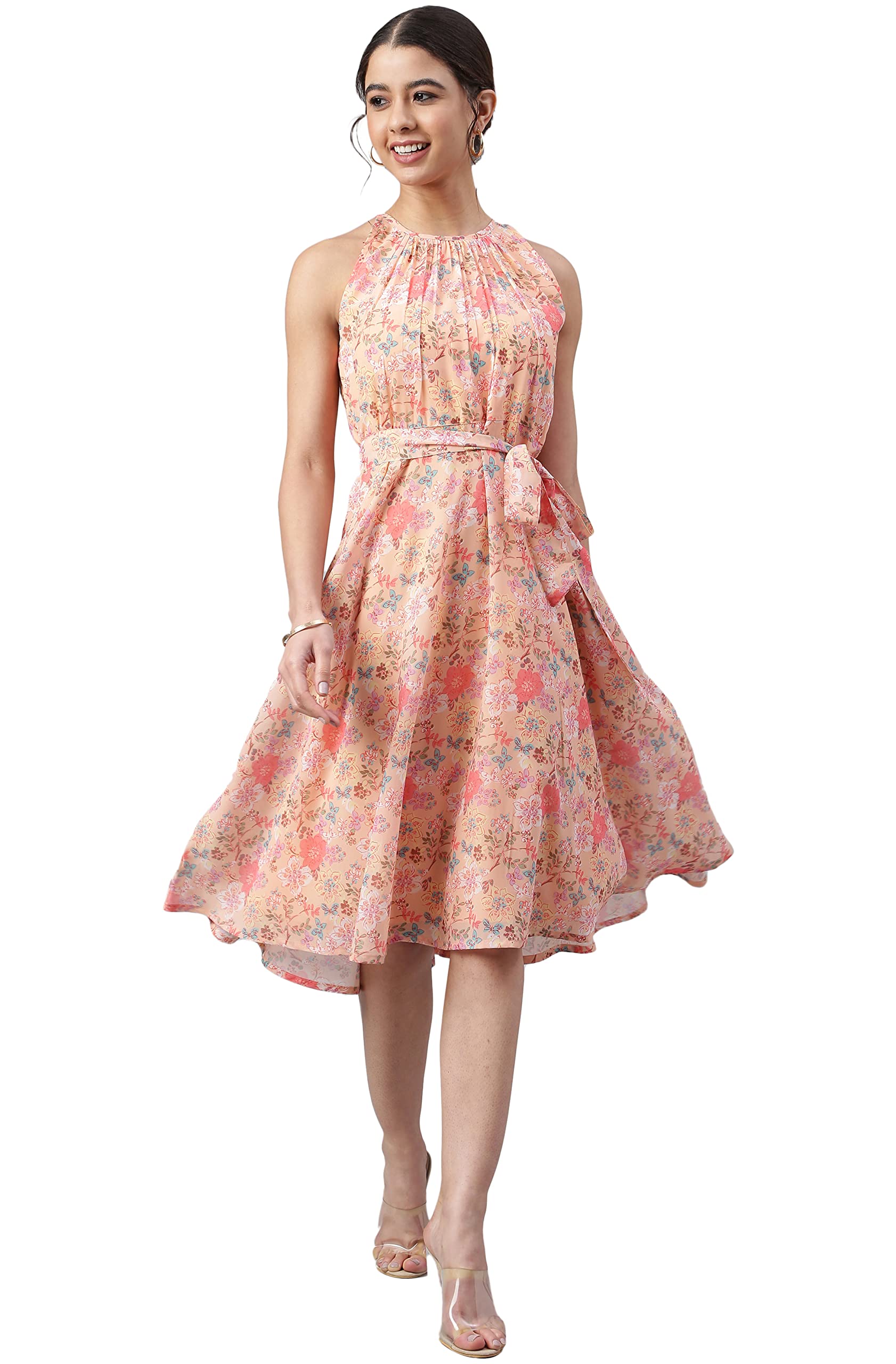 Janasya Indian Women's Peach Georgette Floral Print A-line Western Dress - Elegant Party Wear for Weddings, Festivals & Special Occasions