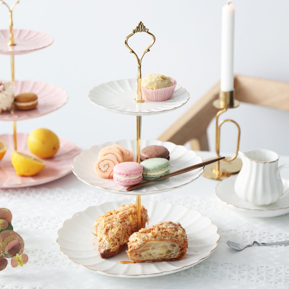 Sweejar 3-Tier White Ceramic Cake Stand for Weddings, Desserts, Cupcakes & Tea Parties - Elegant Serving Platter for Birthday, Bridal Shower & Afternoon Tea Events