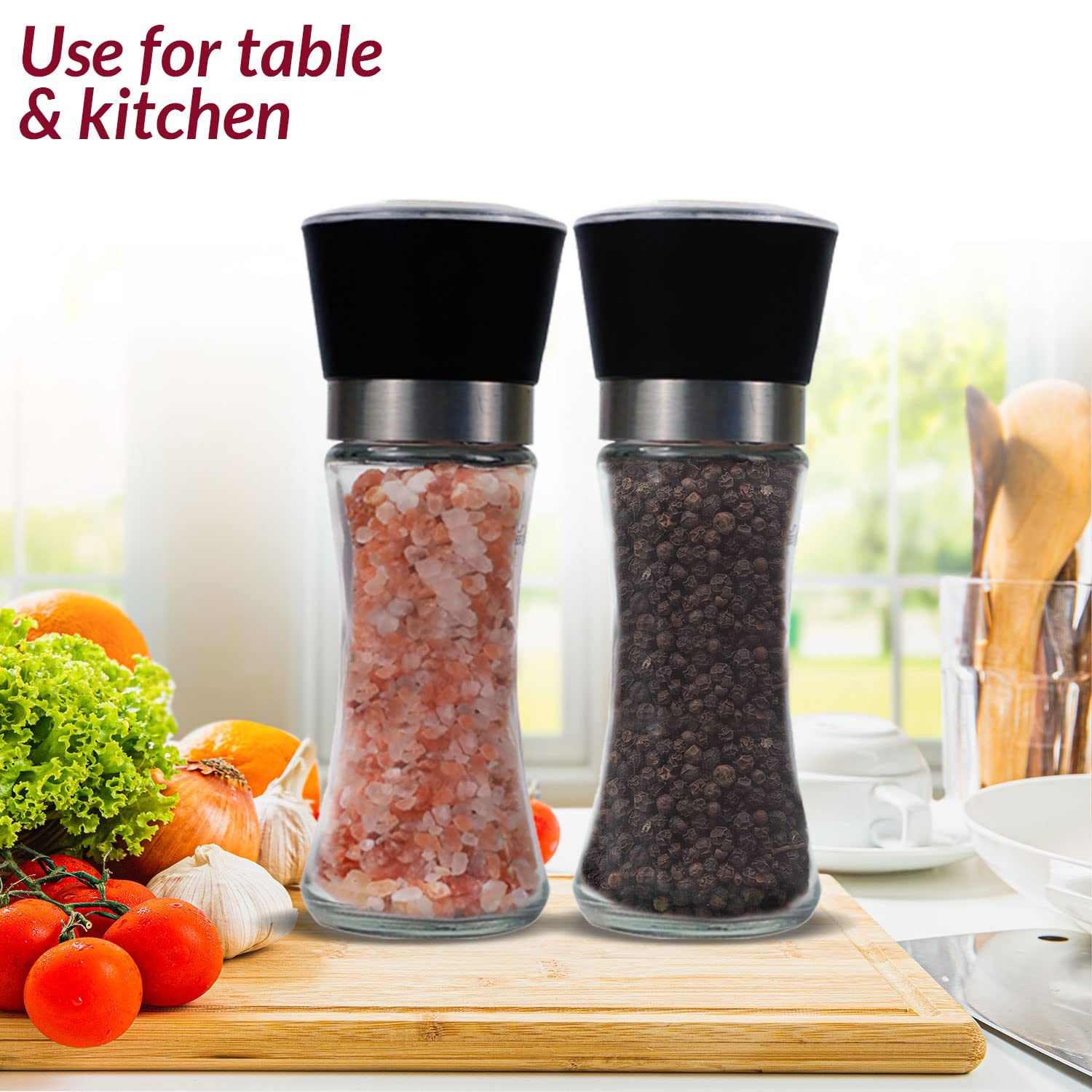 Himalayan Pink Salt and Black Pepper Grinder Set - 2-in-1 Refillable Glass Spice Mill with Adjustable Coarseness - Perfect for Kitchen, Dining Table & BBQ Seasoning