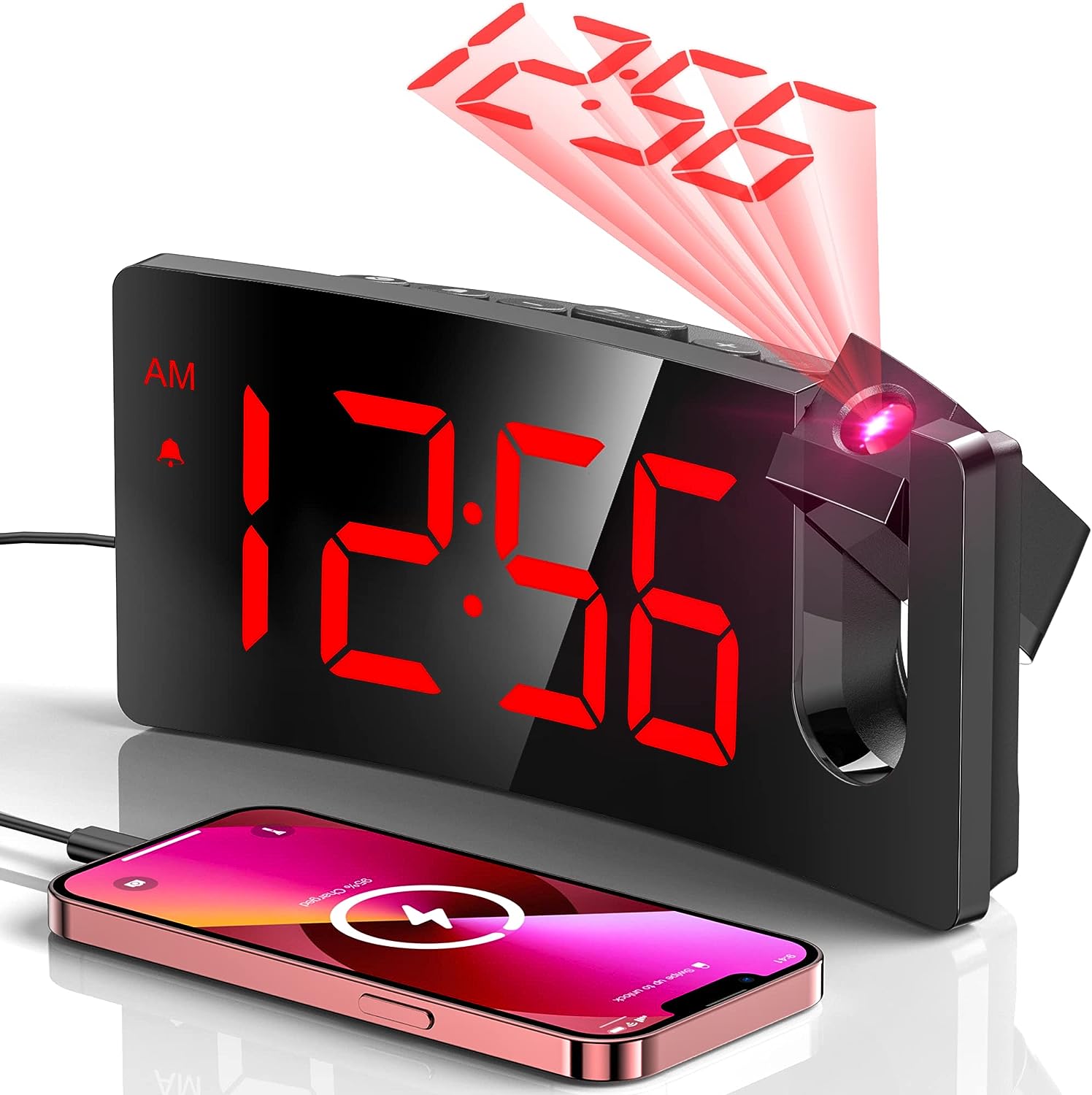 Mpow Projection Alarm Clock with 3-Level Brightness Dimmer & USB Charger - Digital LED Clock for Bedroom, Office, Nightstand - Perfect for Home, Travel, and Gift Giving