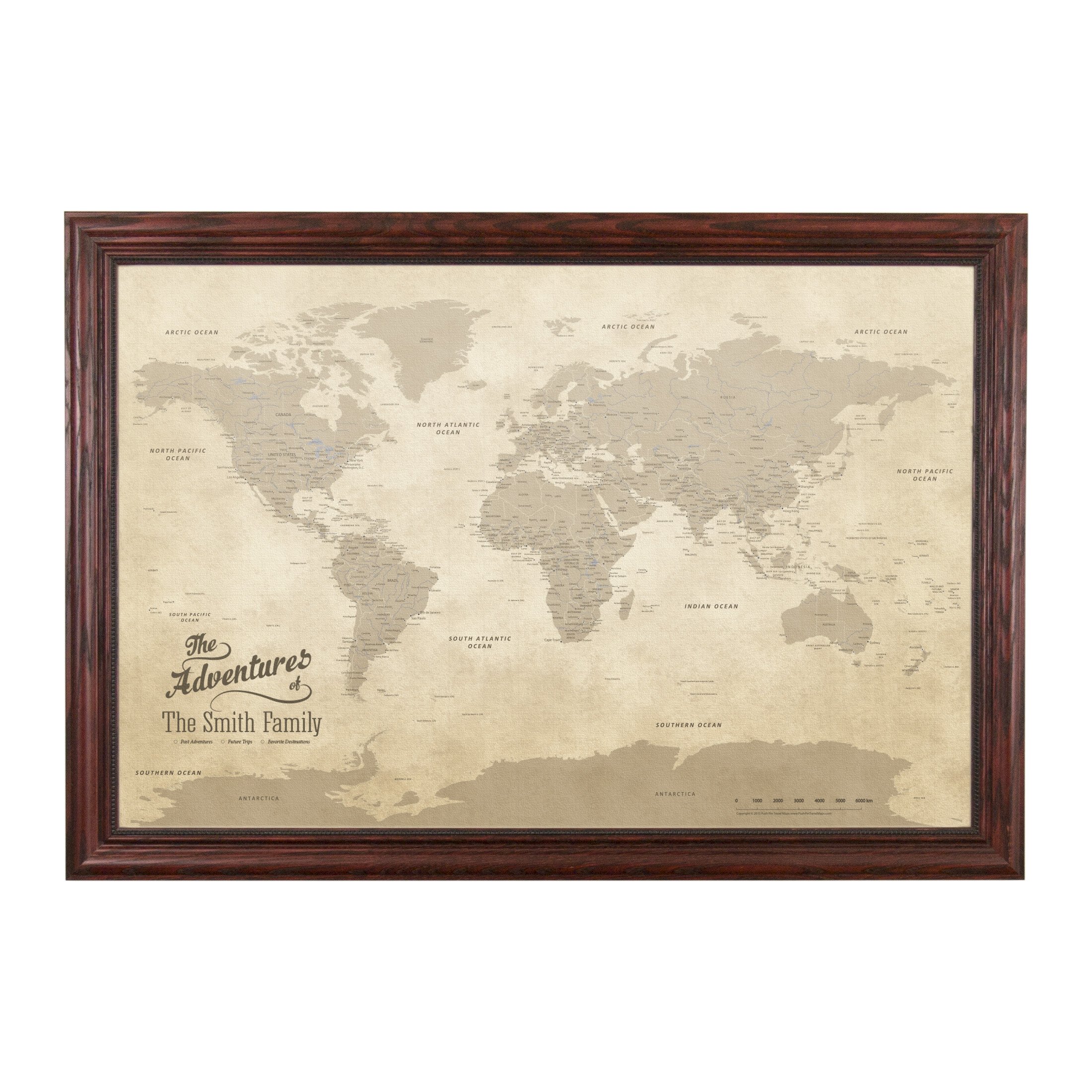 Personalized Vintage World Push Pin Travel Map - Solid Wood Cherry Red Frame Canvas - Perfect for Home Decor, Travel Enthusiasts & Gift Ideas