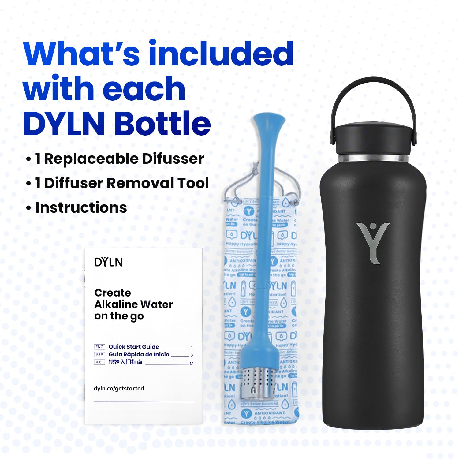 DYLN Alkaline Hydrogen Water Bottle | 24-Hour Vacuum Insulated Stainless Steel Flask | pH 9 Hydrogen-Rich Hydration for Wellness & Detox | Perfect for Gym, Hiking & Daily Hydration