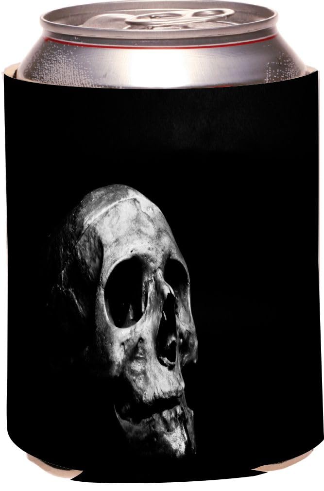 Halloween Skull Can Cooler - Black Background Beverage Insulator for Parties