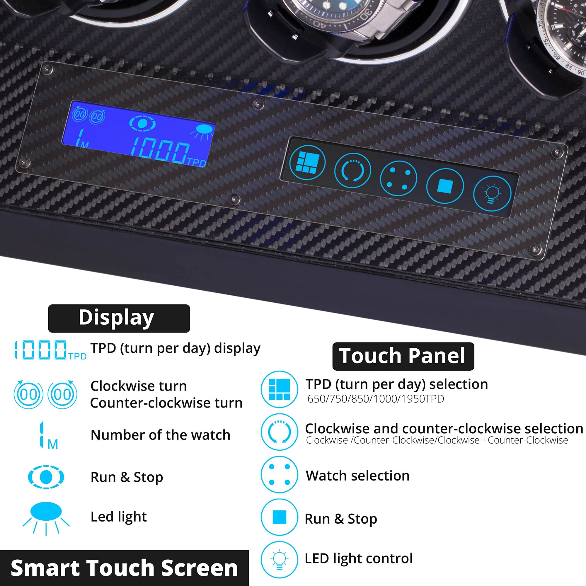 Luxury Automatic Watch Winder with Japanese Mabuchi Motor - LCD Touchscreen Control, Carbon Fiber Exterior & Adjustable Watch Pillows | Perfect for Rolex, Omega & Automatic Watch Collections | Home Office & Travel Use