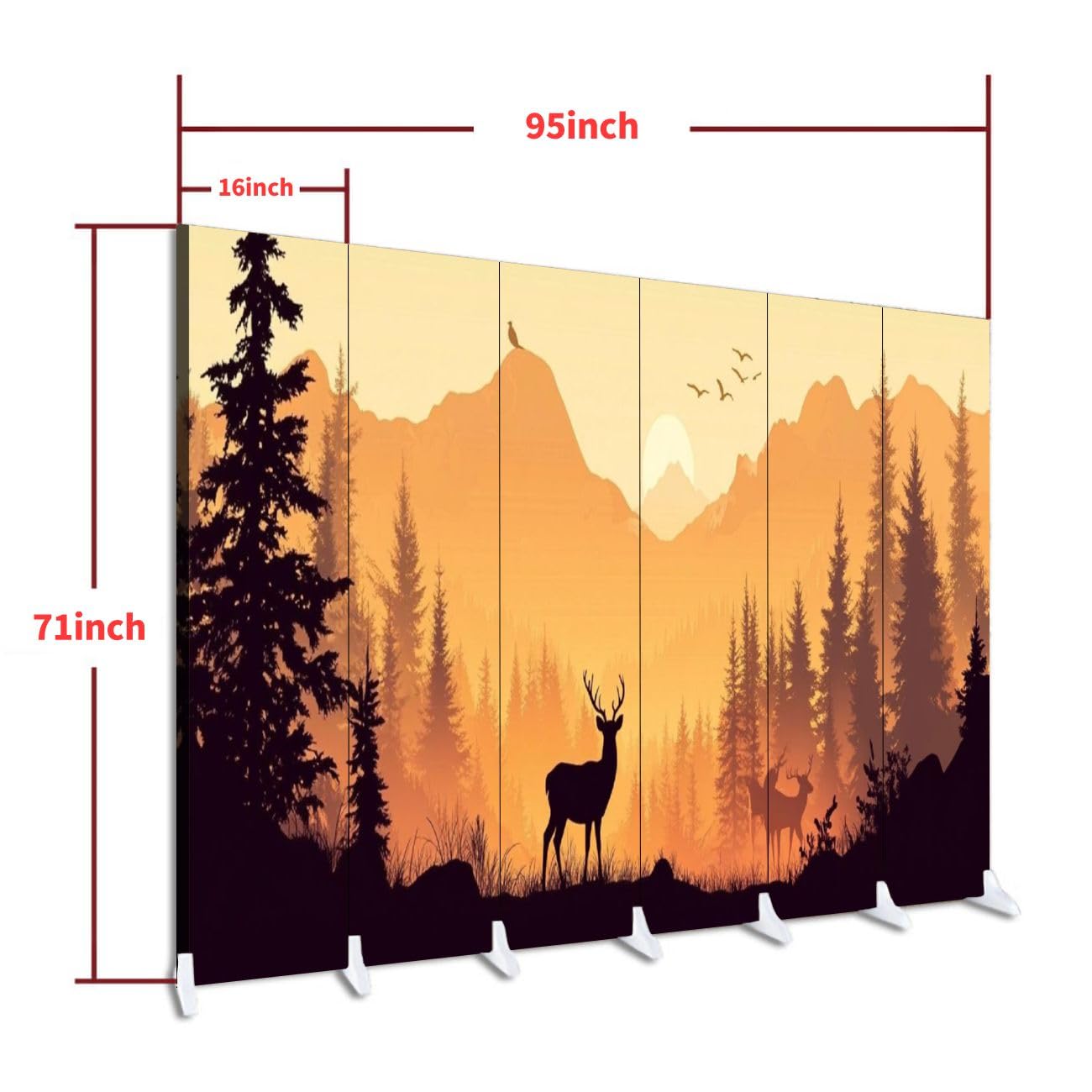 6-Panel Folding Room Divider with Deer Silhouette Design - Freestanding Privacy Screen for Home & Office - Indoor Partition with Forest Mountain Landscape Canvas - Perfect for Living Room, Bedroom, and Workspace Separation