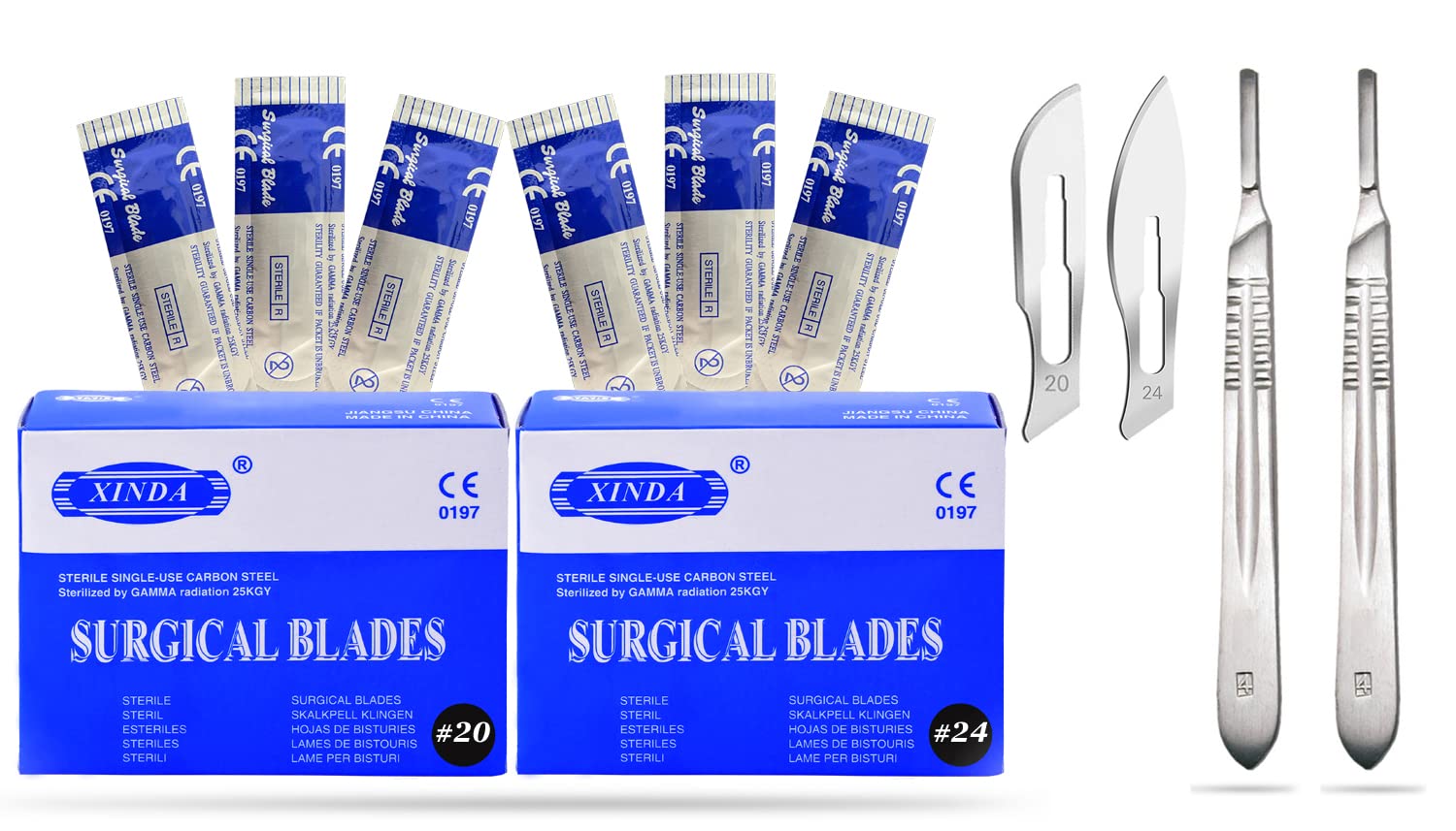 200 Surgical Scalpel Blades #20 & #24 - Professional Grade for Dermatology, Veterinary, Taxidermy & Crafts - Includes 2 #4 Handles - Ideal for Precision Cutting, Dermaplaning & Medical Procedures