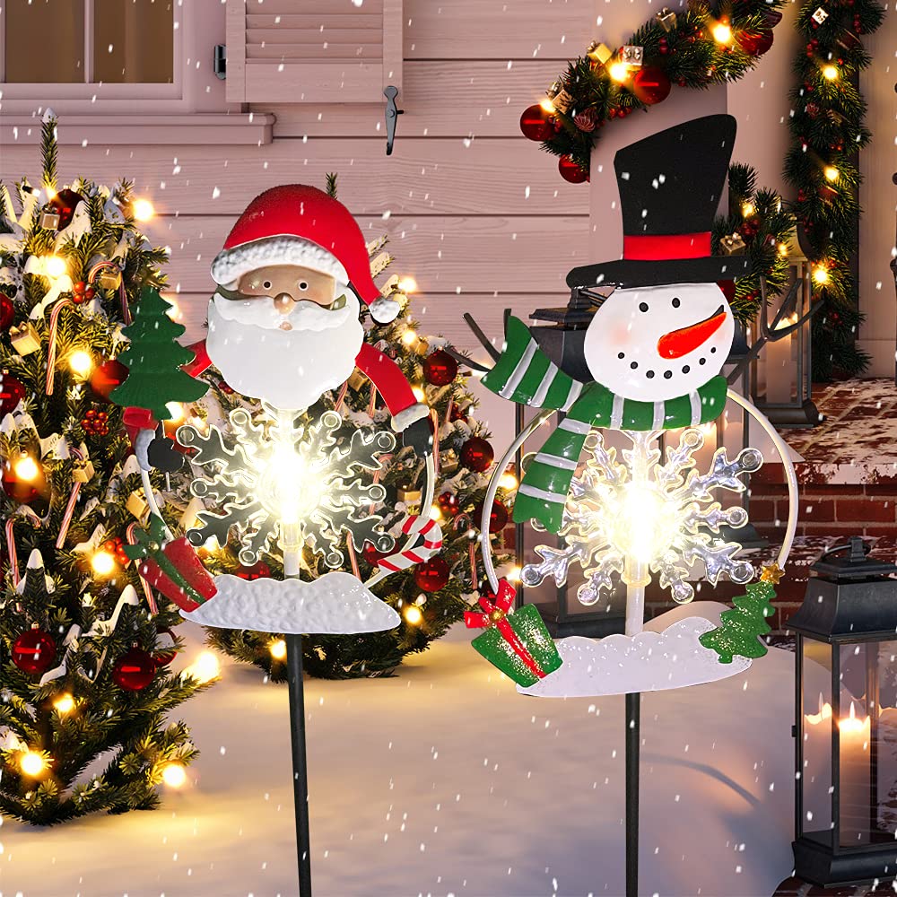 Outdoor Solar Christmas Lights - 2 Pack Snowflake Garden Stake Decor with Santa & Snowman for Pathway, Yard, Lawn | Weatherproof Metal Xmas Decorations for Holiday, Patio, and Front Porch