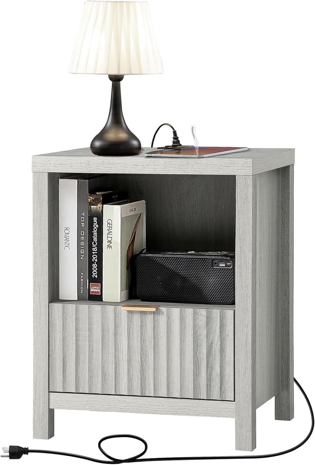 Mid Century Modern Nightstand with Charging Station - Fluted Wood Bedside Table with Drawer Storage, End Table for Bedroom & Living Room - Pale Oak Finish | Perfect for Small Spaces & Device Charging