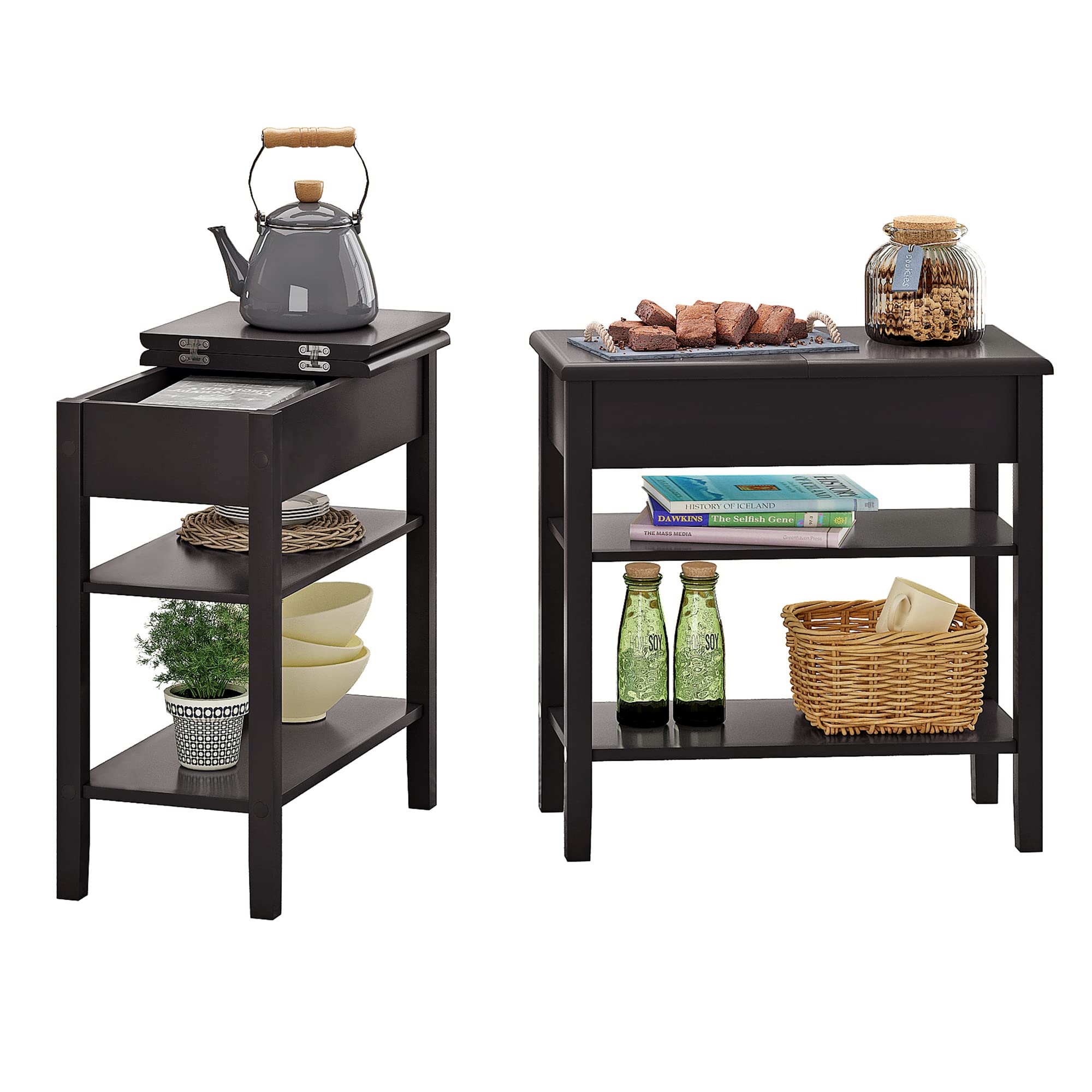 2-Piece Flip Top End Table Set with Storage Shelf - Espresso Nightstand & Side Table for Living Room, Bedroom, Office - Perfect for Small Spaces & Home Organization