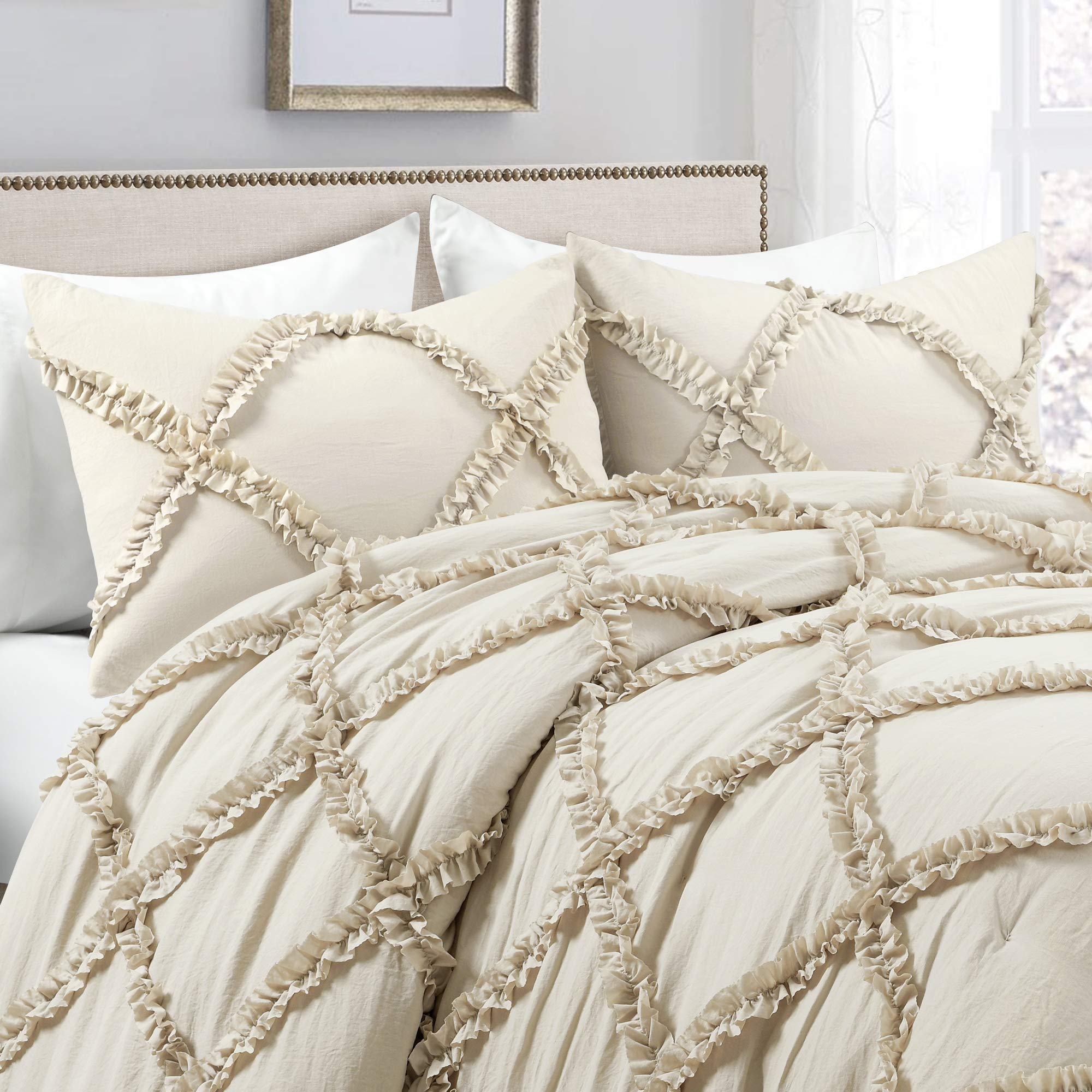 Lush Decor King Size Neutral Ruffle Diamond 3-Piece Comforter Set - Soft Bedding for Master Bedroom & Guest Room