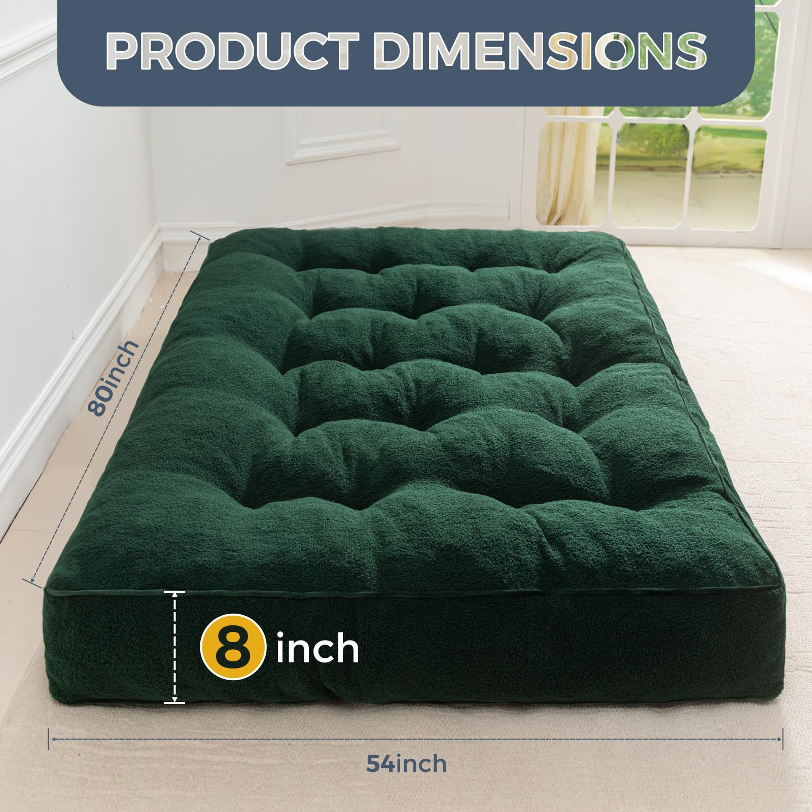 MAXYOYO 8 Inch Tufted Futon Sofa Bed with Thick Boucle Fabric - Convertible Floor Mattress for Adults (Mattress Only, Green) - Perfect for Small Spaces, Guest Rooms & Dormitory Use