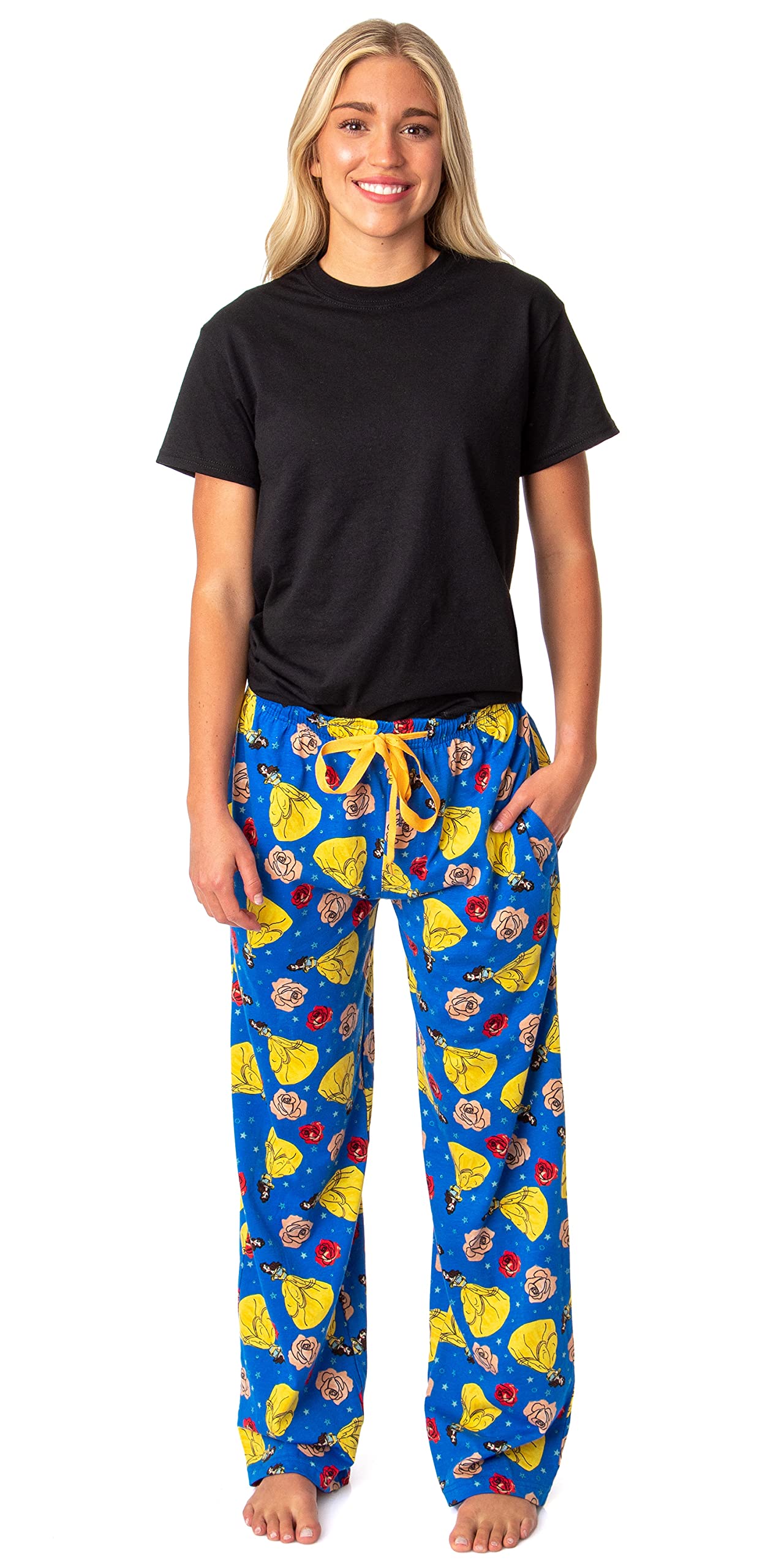 Disney Beauty and the Beast Belle Rose Sketch Sleep Pajama Pants for Women - Soft Cotton Lounge Pants for Sleeping, Movie Nights & Disney Themed Parties