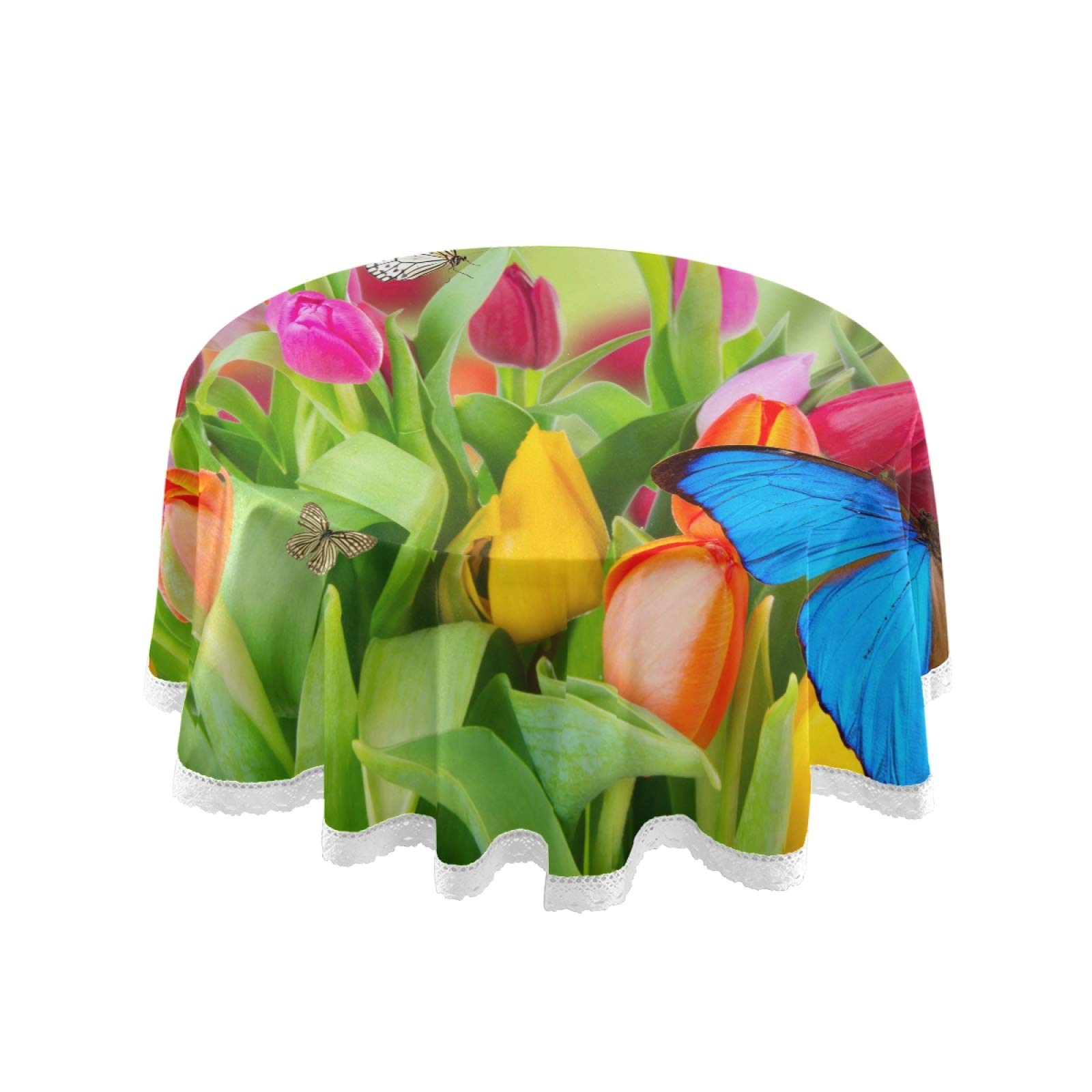 Round Tablecloth 60 Inch - Spring Flowers Tulip Butterflies Floral Leaves Washable Polyester Table Cover for Kitchen, Dining Room, Party & Picnic Decor | Perfect for Outdoor Gatherings, Birthday Celebrations and Home Decoration