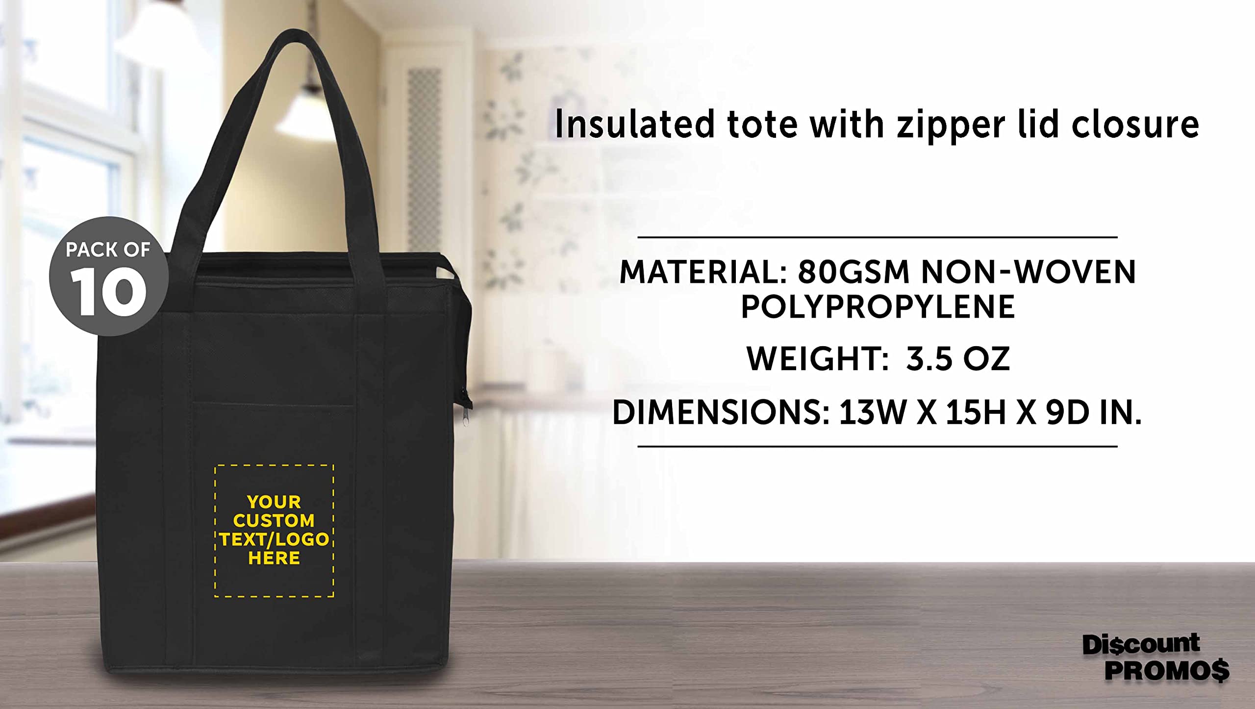 Custom Non-Woven Insulated Tote Bags Bulk Pack - 10 Reusable Personalized Grocery Bags for Picnic, Camping, Beach & Outdoor Activities - Eco-Friendly Shopping & Lunch Bags - Black