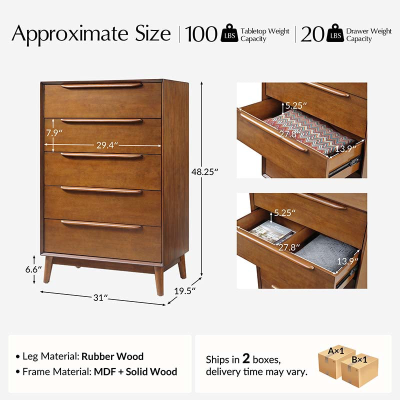 Raimunda 5-Drawer Solid Wood Chest Dresser - Sturdy Bedroom Storage Organizer for Clothes, Linens & Accessories | Perfect for Master Bedroom, Guest Room or Nursery