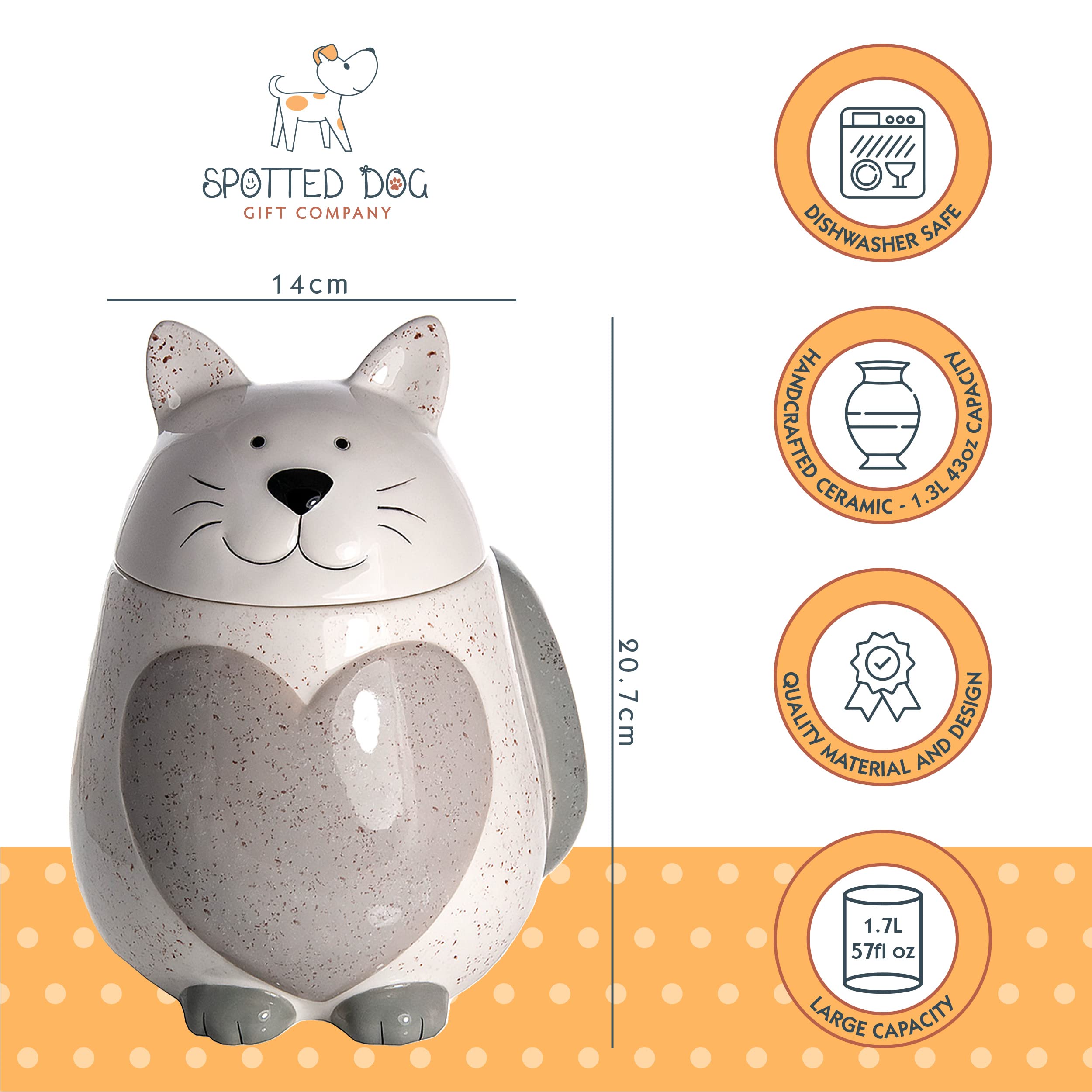 SPOTTED DOG Ceramic Cat Cookie Jar with Lid - 1.3L White Cat-Themed Biscuit Storage Container for Kitchen, Cute Novelty Food Canister - Perfect Gift for Cat Lovers & Ideal for Cookies, Treats, Coffee, Tea Storage