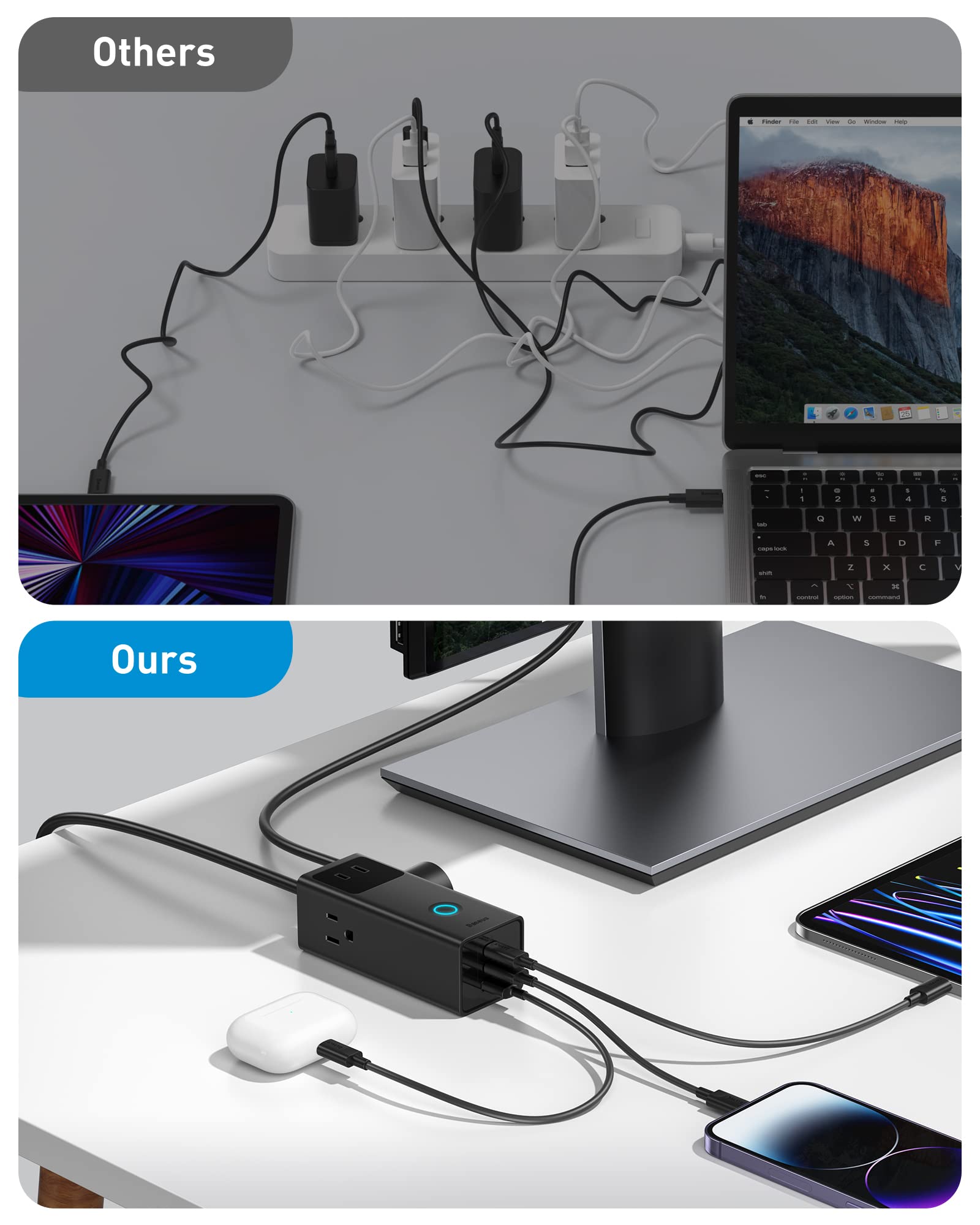 Baseus 6-in-1 Power Strip with Surge Protection (1200J) & 40W USB-C Fast Charging - 3 AC Outlets & 3 USB Ports Extension Cord for Home Office, Dorm Room, Gaming Setup & Travel Charging Station