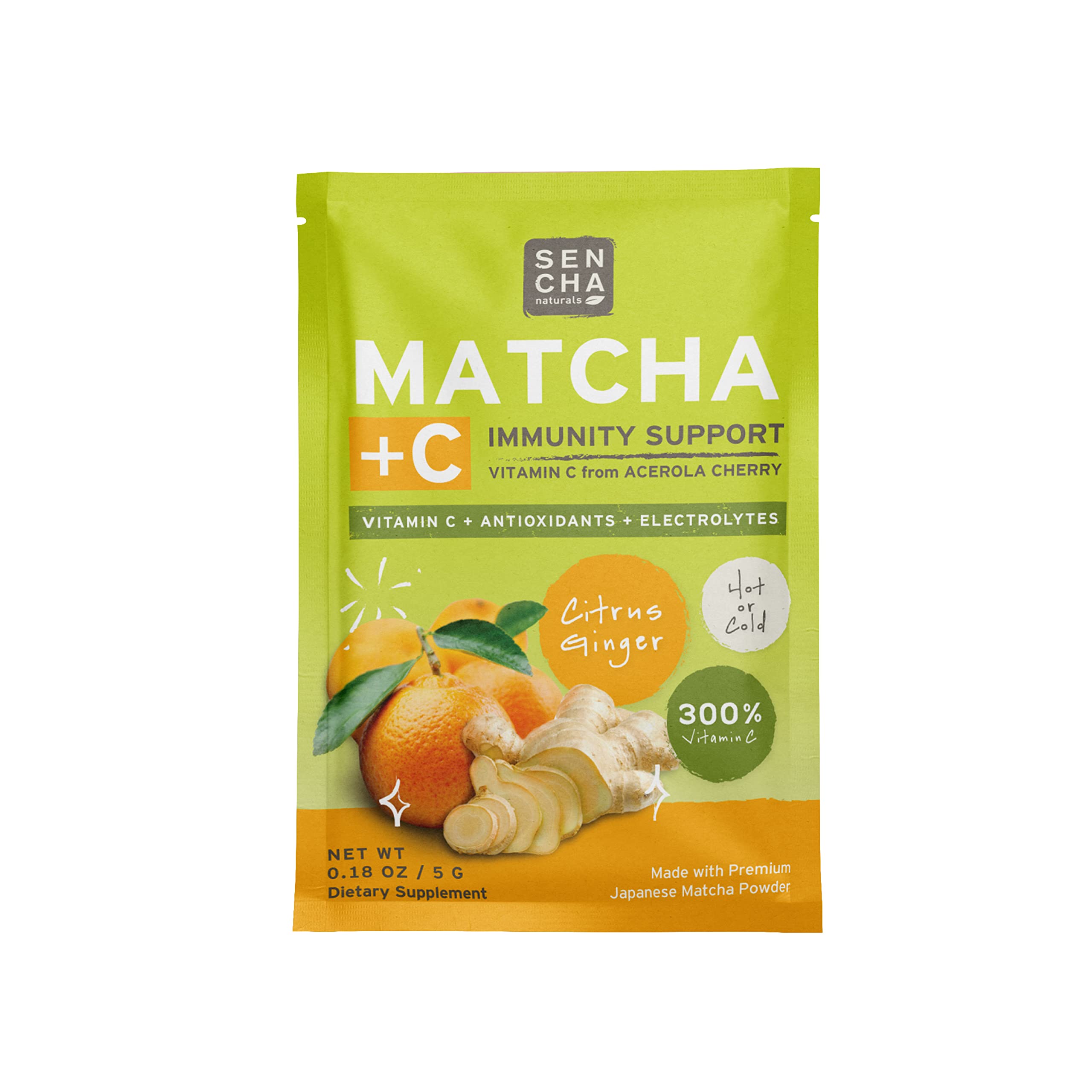 SEN CHA Naturals Citrus Ginger Green Tea with Vitamin C - Effervescent Drink Mix with Japanese Matcha Powder, Acerola Cherry & Coconut Water - Immune Support & Energy Boost - Pack of 10 - Perfect for Morning Refreshment & Workout Recovery