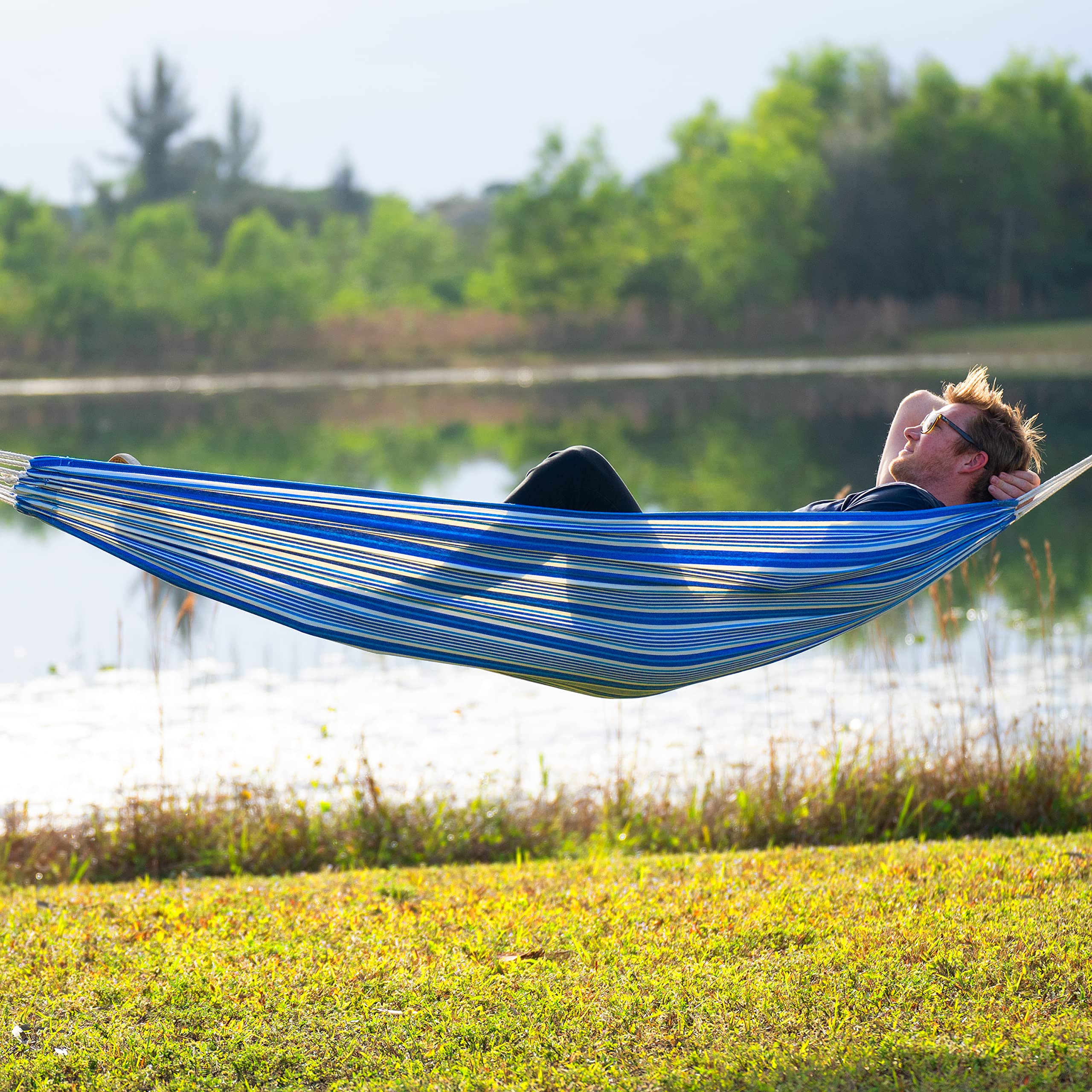 Bliss Hammocks BH-401-MD Double Hammock with Carry Bag - Portable Camping & Hiking Gear - 265lb Capacity Handwoven Cotton-Polyester Blend - Mediterranean Stripe Design - Perfect for Backyard, Beach & Outdoor Adventures