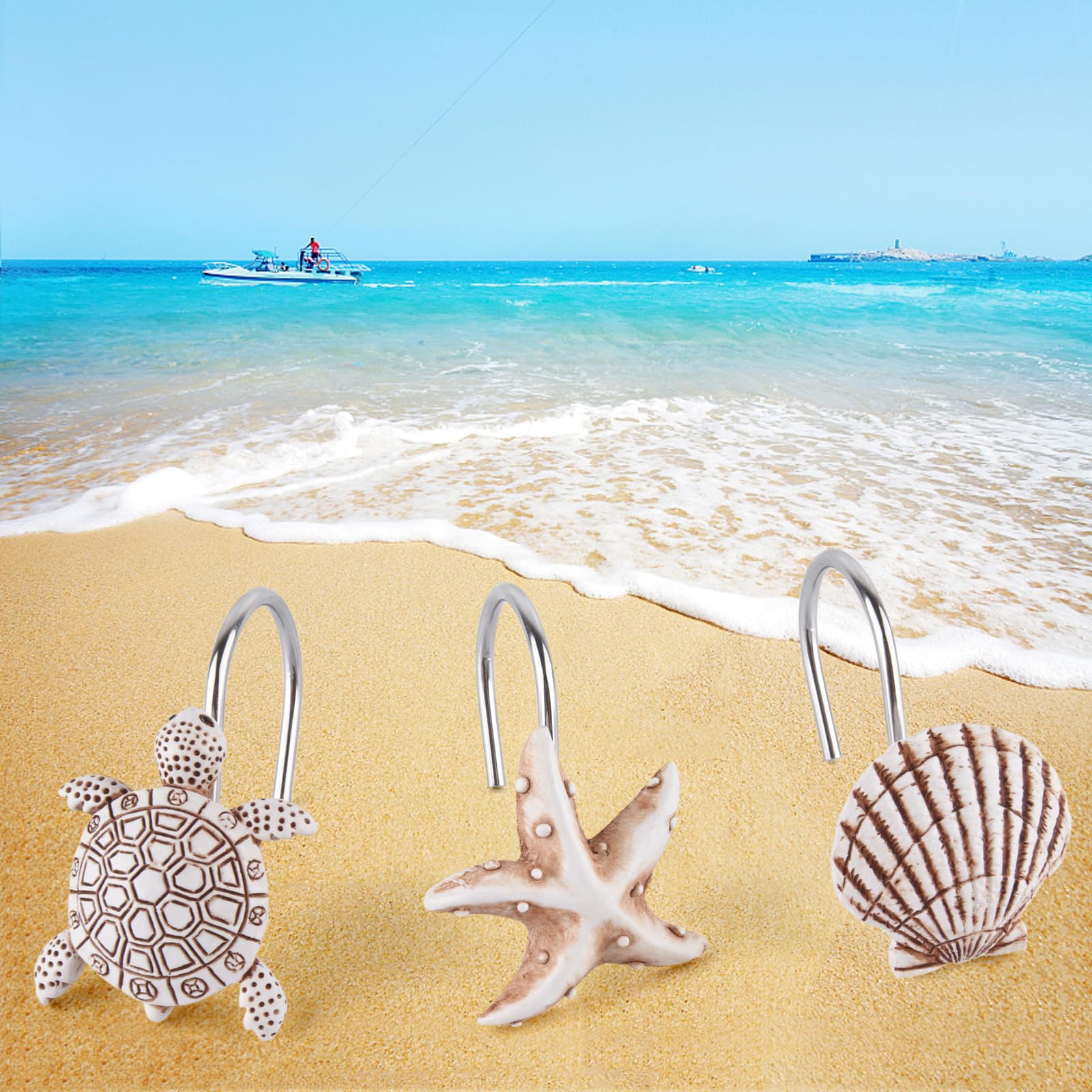 Rustproof Seashell Turtle Shower Curtain Hooks - 12 Pack Beach Theme Bathroom Decor for Coastal & Ocean Inspired Showers - Perfect for Nautical, Vacation Home, and Beach House Bathroom Decorations
