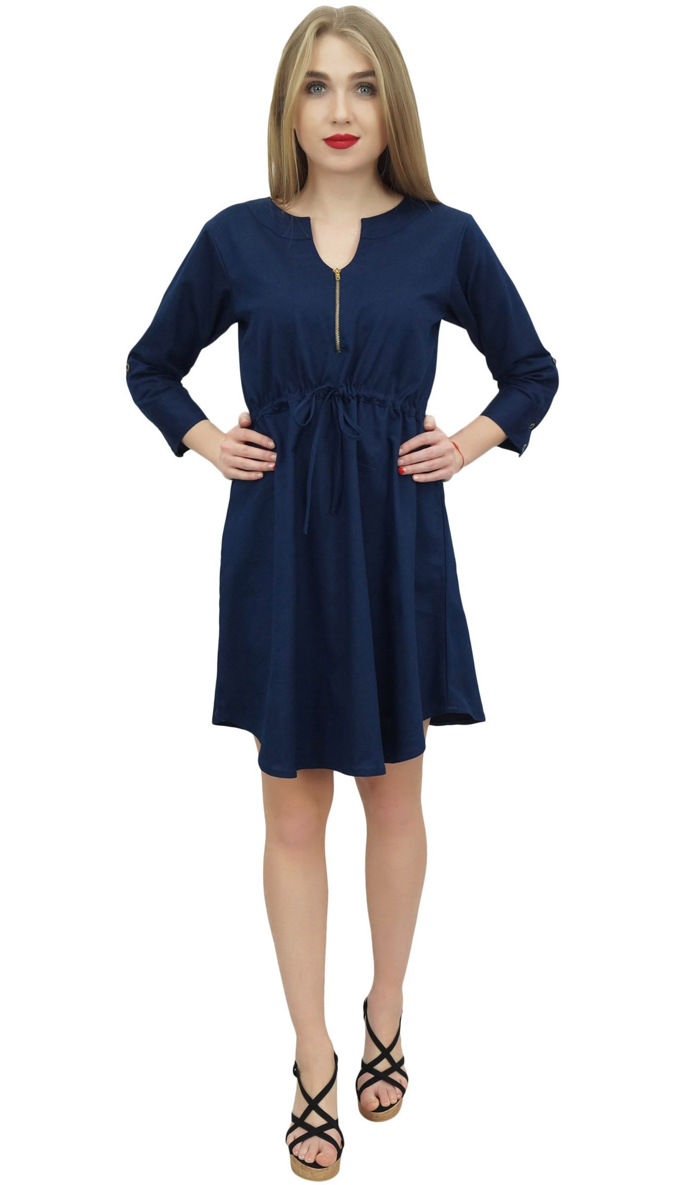 Bimba Women's Short Denim Casual Dress with Drawstring Waist - Summer Beach Outfit, Casual Wear, Street Style Fashion