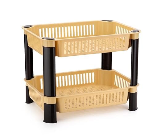 FLYUP 2-Tier Kitchen Organizer Shelf - Slide Out Storage Basket for Vegetables, Fruits, Onions - Space Saving Beige Rack for Pantry, Office & Countertop Organization