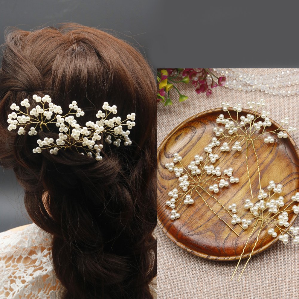 Kercisbeauty Gold Pearl Beads Bridal Hair Pins Set of 3 - Crystal Wedding Hair Accessories for Bride, Bridesmaids & Special Occasions - Perfect for Weddings, Proms & Formal Events